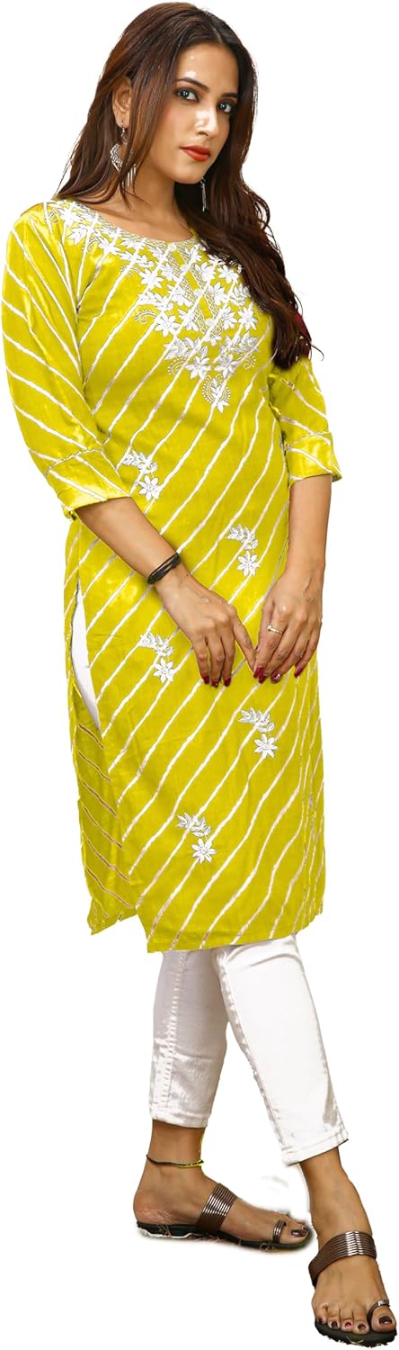 ladyline Women's Cotton Leheriya Printed Kurti Tunic with Hakoba Embroidery | Knee Length Chikankari Embroidered Kurta Top - Image 2