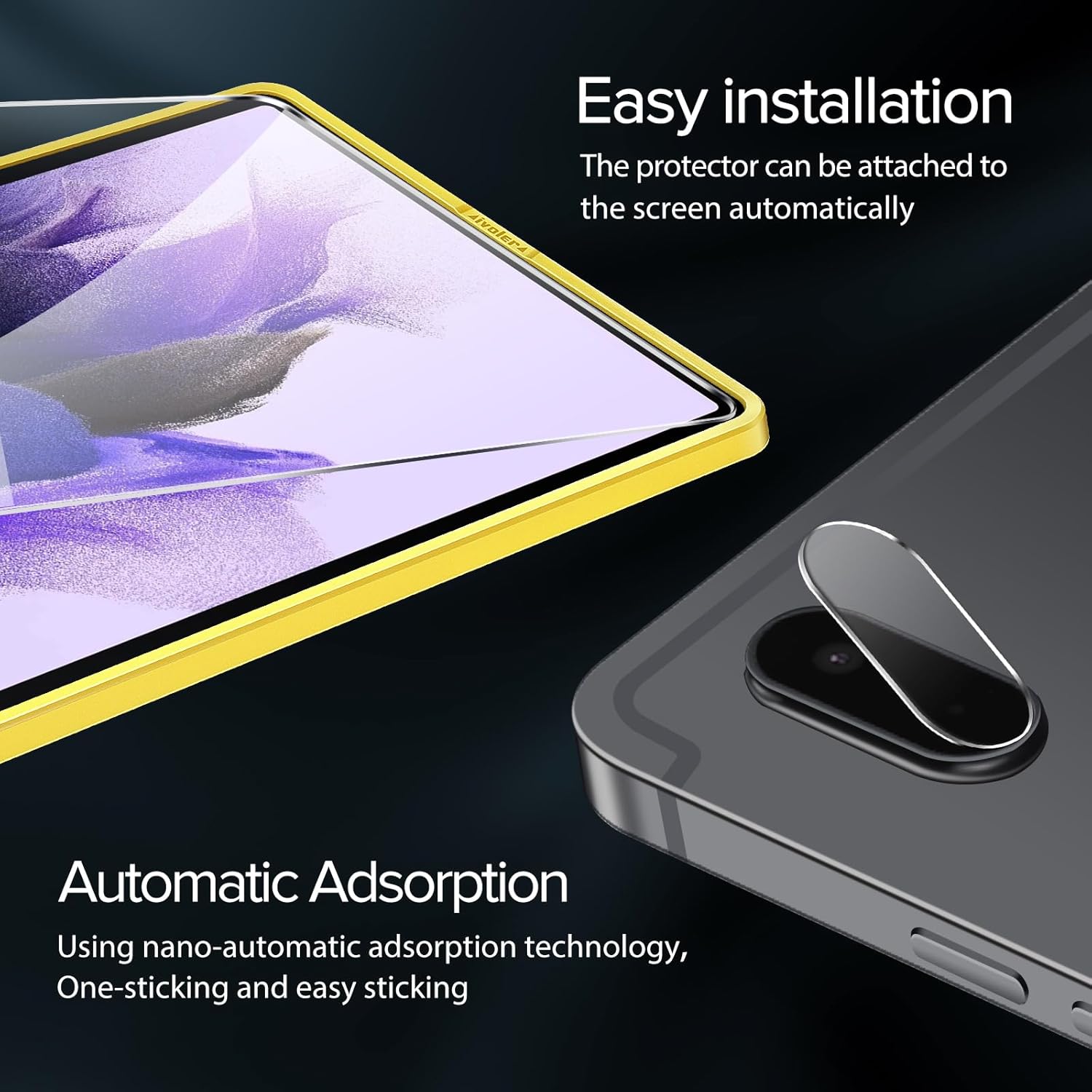 Image showing the alignment frame being used for easy screen protector installation and a camera lens protector being applied.