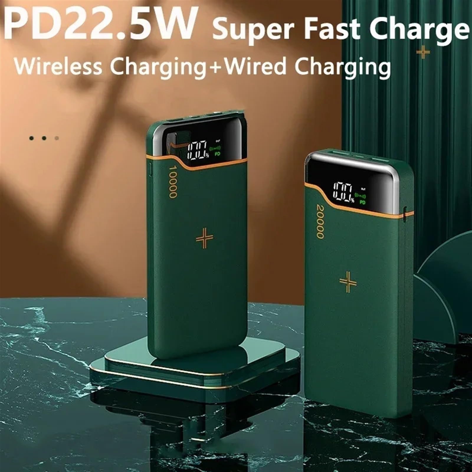 Banque d'alimentation sans Fil 20000mAh 22,5W Charge Rapide 15W Grande capacité (Size : 20000mAh Green)