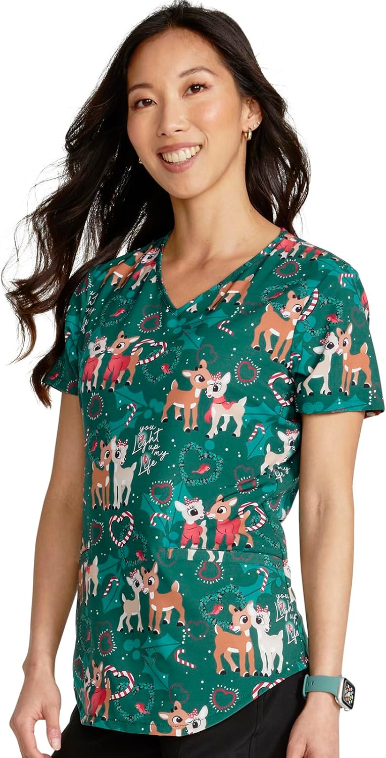 Cherokee Scrubs for Women V-Neck Printed Scrub Top Modern Classic Fit with 2 Welt Pockets & Stylish Shirttail Hem - TF737