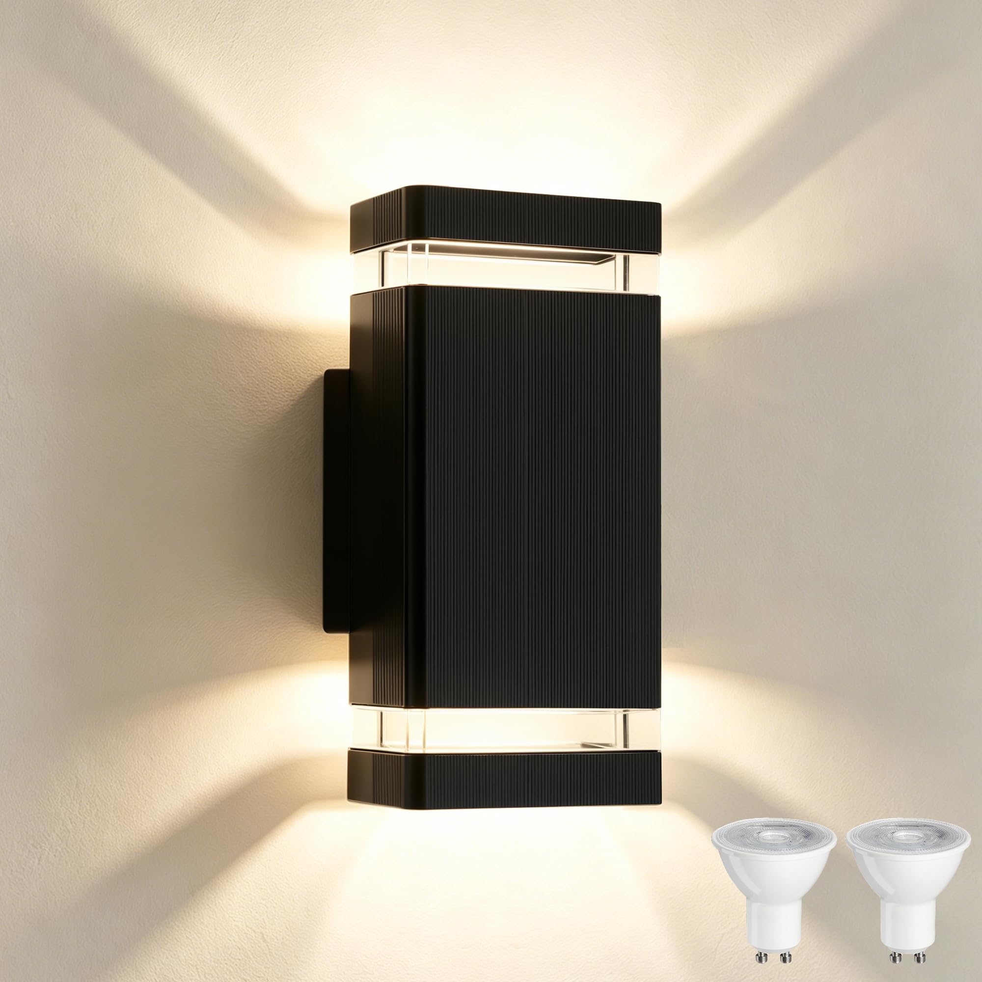 YOVGQOLV Outdoor Wall Lights Mains Powered, Up Down Outside Lights IP54 Waterproof Porch Front Door Light, LED Square Exterior Lighting Sconce, 2×5W 3000K GU10 Bulbs Included, Black