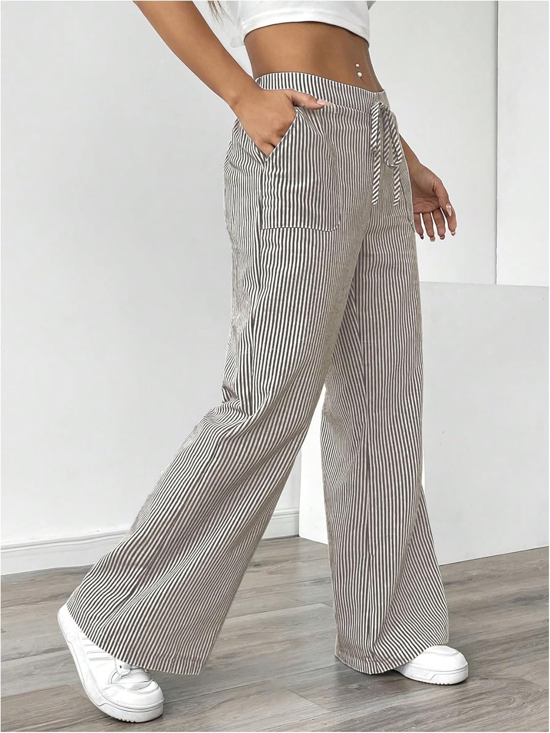 GORGLITTER Women's Y2k Striped Pants Wide Leg Cute Boho Vacation Summer Drawstring Waist Loose Long Pants - Image 3