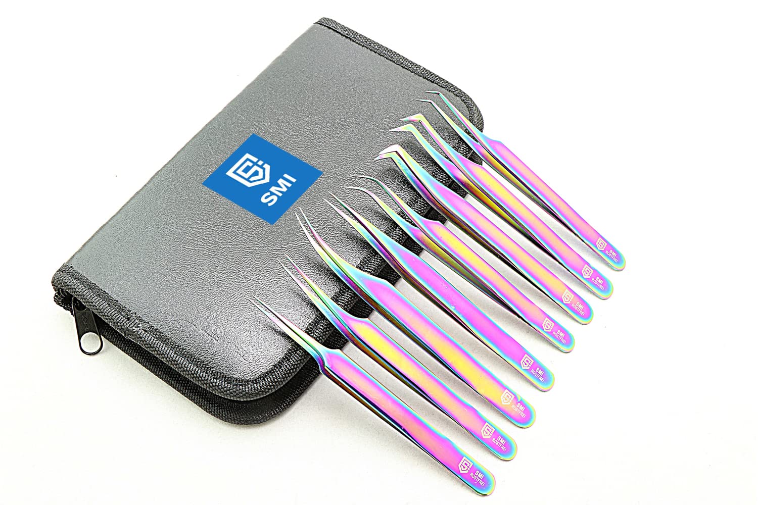SMI 8 piezas Pinzas Pestañas Pinzas de Extensión de Pestañas Recto y Curvo Pinza de Precisión Pinzas para Pestañas para 3D 6D Volumen Falso Lash de Acero Inoxidable con Estuche (Multicolor)