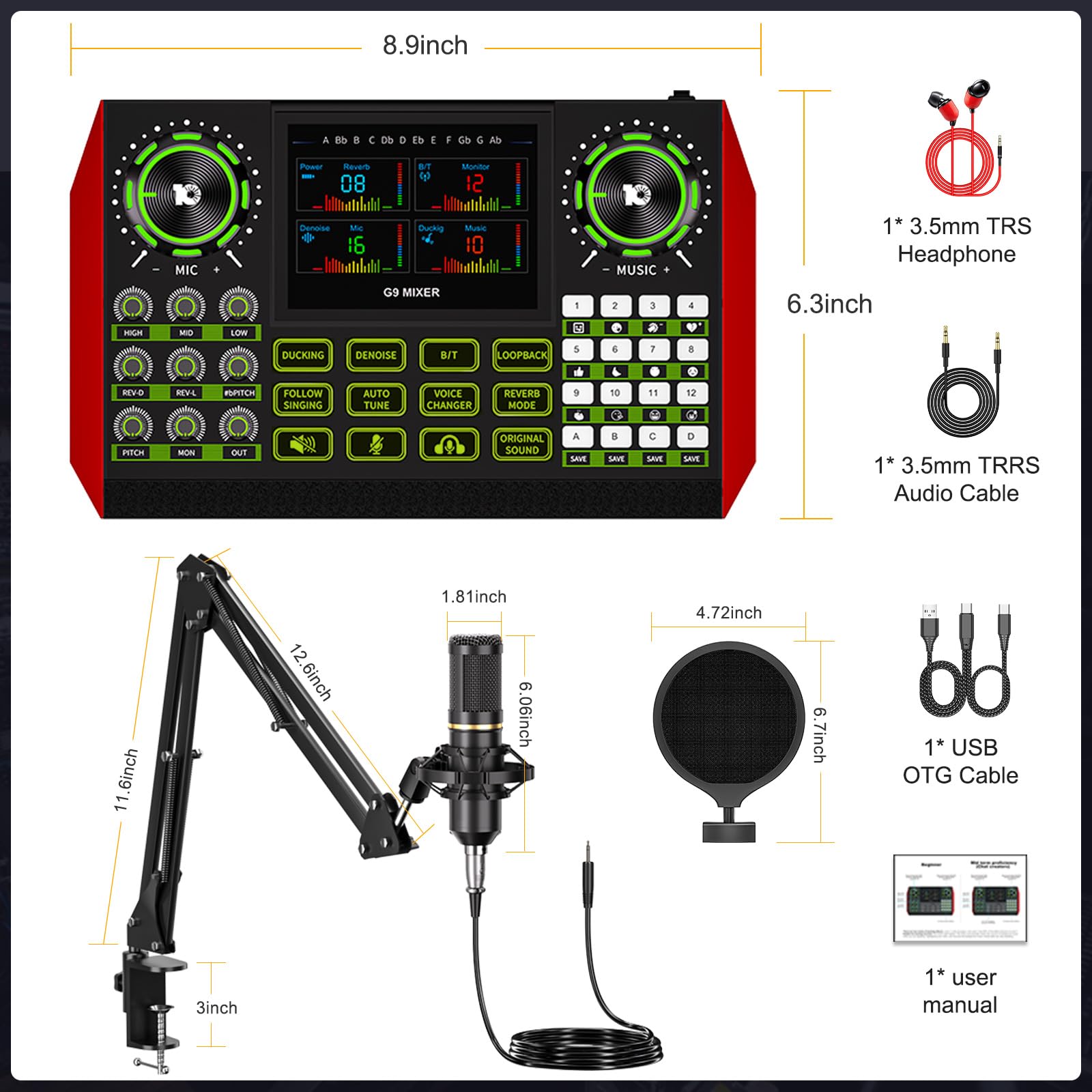 G9 Podcast Equipment Bundle with 3.5mm Condenser Microphone for Pc/Phone Live Streaming Singing Gaming, Podcast Microphone Bundle with Live Sound Board Audio Mixer,Voice Changer, Denoise,DJ Sets