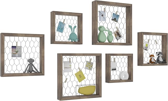 WOLTU Set of 6 Photo Frame Square Picture Frame, Multifunctional Wooden Display Wall Shelf with Wire Mesh and 12 Wooden Pegs, Home Decor Deep Frame Cube Shelf Vintage Oak BR9931hov-2