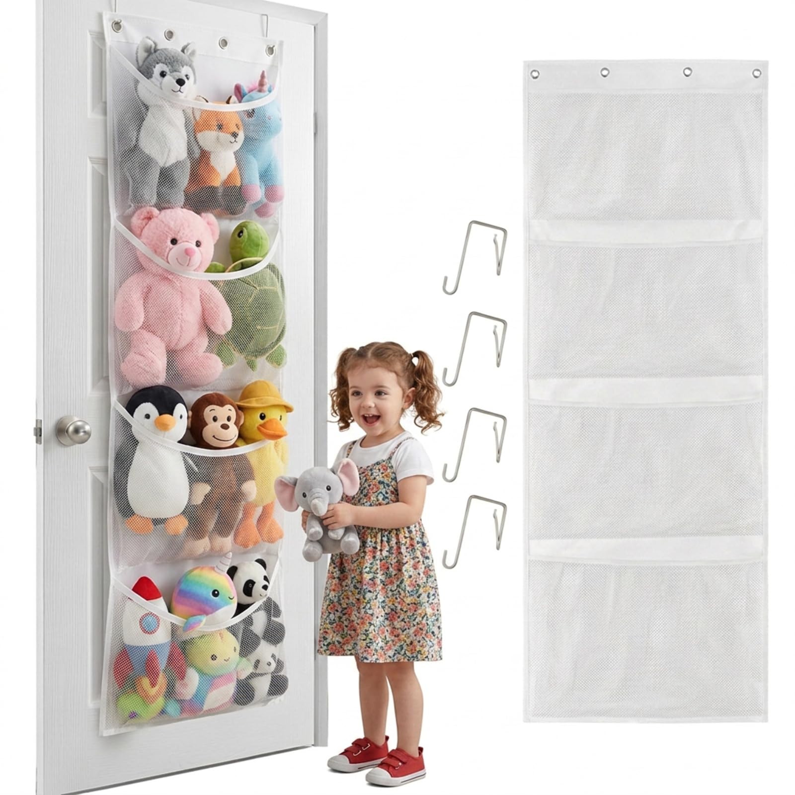 Soft Toy Storage: Over The Door Stuffed Animal Organiser with 4 Large Mesh Pockets – Hanging Toy Storage for Nursery, Bedroom & Kids’ Room