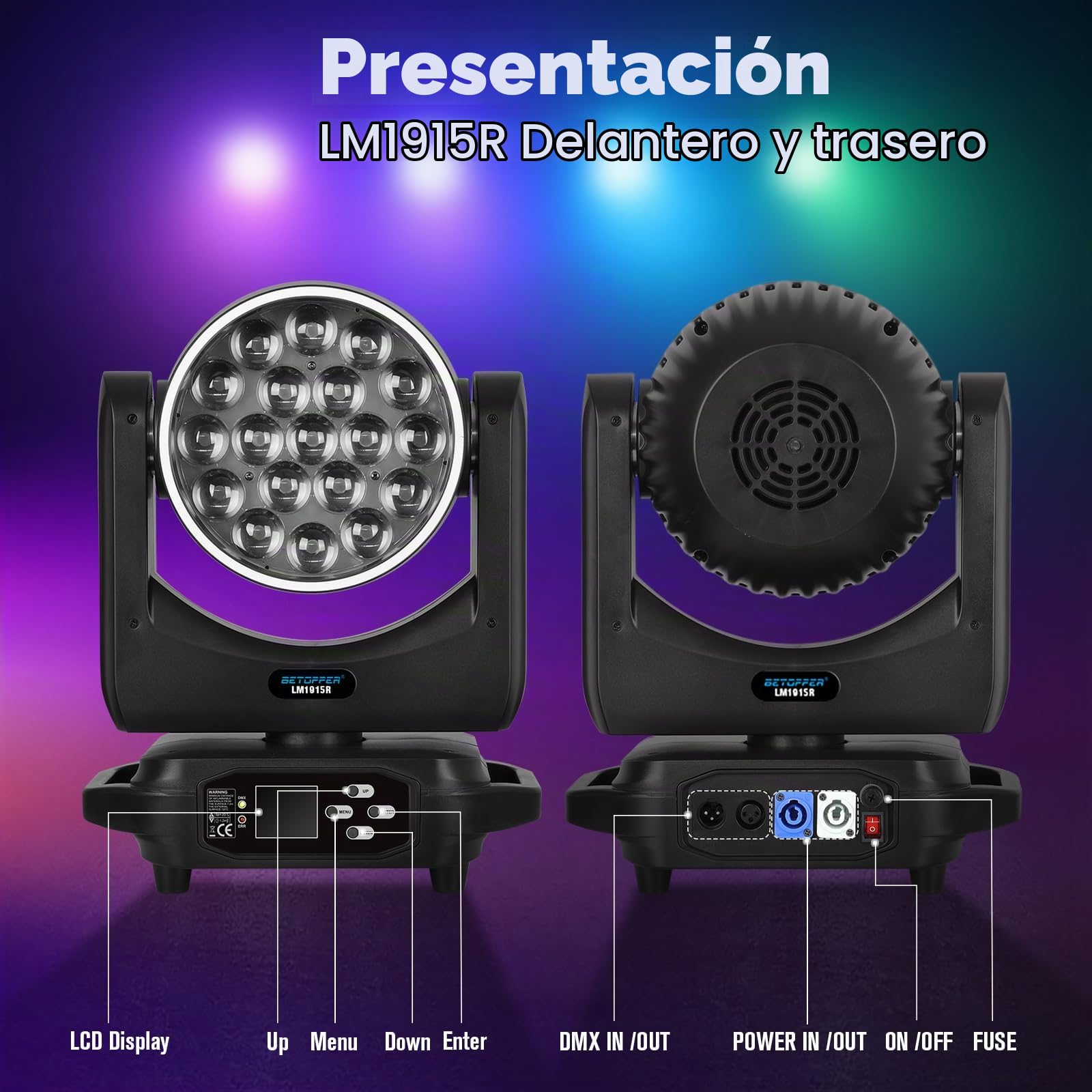 BETOPPER Cabezal Móvil LED RGBW 19x15W, Luz DJ Profesional 4 en 1 Control DMX, Efectos Luz Disco, Nube y Tira LED,Fiestas, Bodas, Discotecas,RGBW + Blanco Ajustable 3000K-6500K