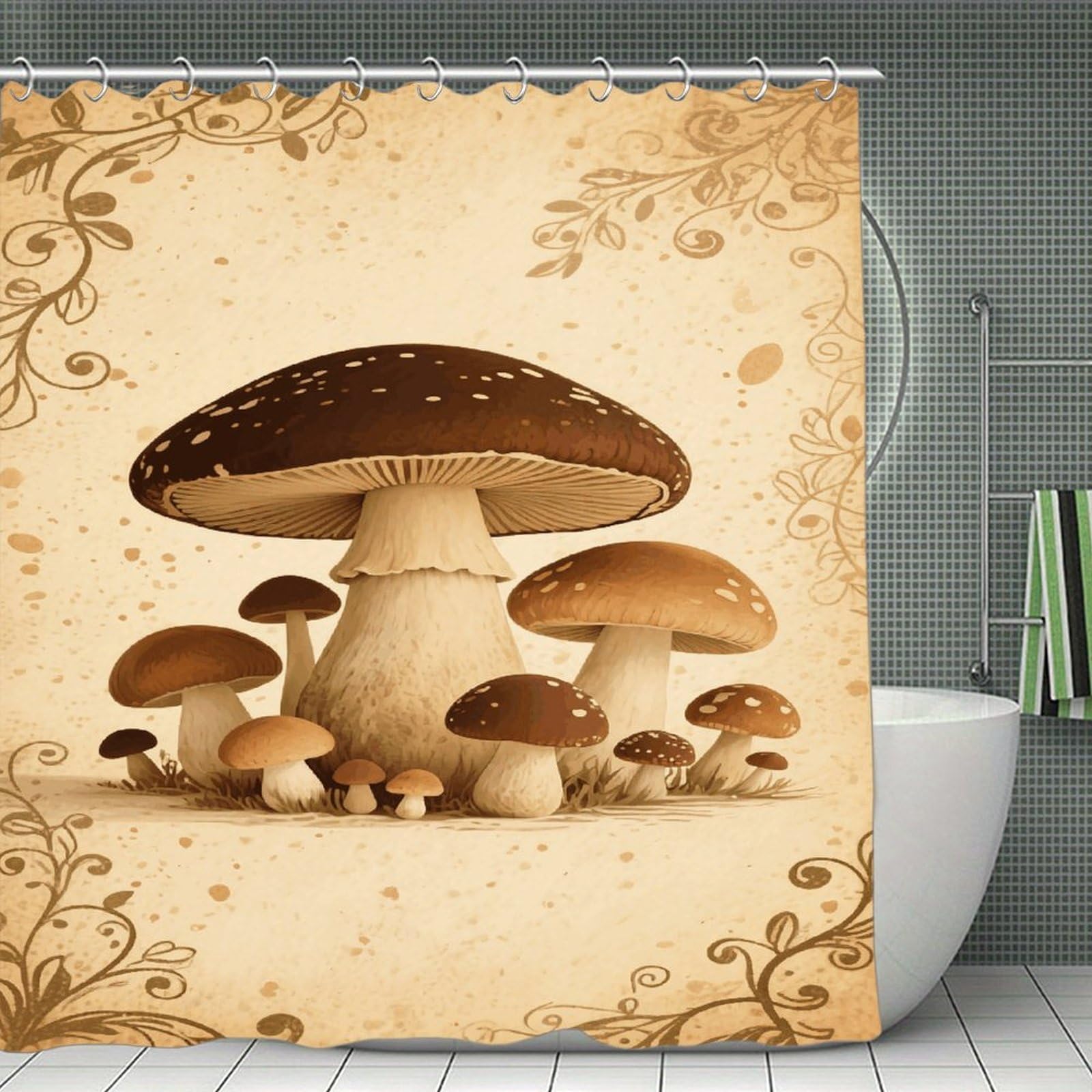 VstaDank Vintage Mushroom Bath Curtain Elegant Heavy Duty Shower Curtains 70x70 in Rustic Farmhouse Cloth Shower Curtains Neutral Modern Bath Curtain for Bathroom