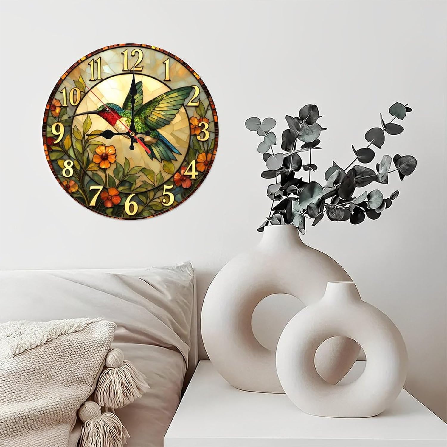 Stained Glass StyleHummingbird Wall Clock with Flowers10-Inch Wooden Wall Clock, Silent Movement, Artistic Home Decor