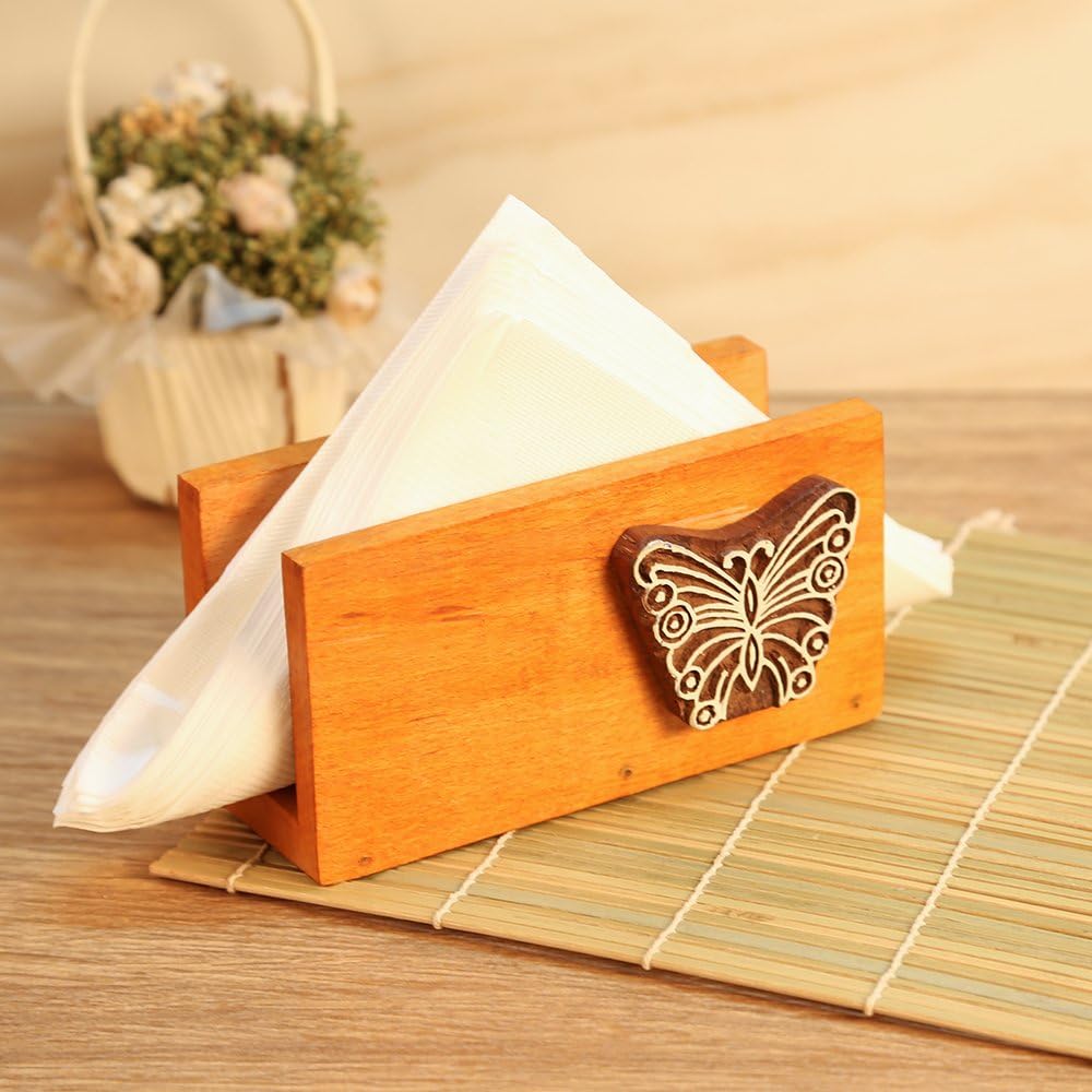 Craftbell Wooden Napkin Holder Cum Tissue Paper Holder In Orange With Butterfly Engraved Block -Tissue Stand, Tissue Roll Dispenser, Kitchen Roll Dispenser, Napkin Ring, Napkin Stand, Tableware, Table Top Holder, Paper Holder For Dining Table / Kitchen / Diwali Gift Items