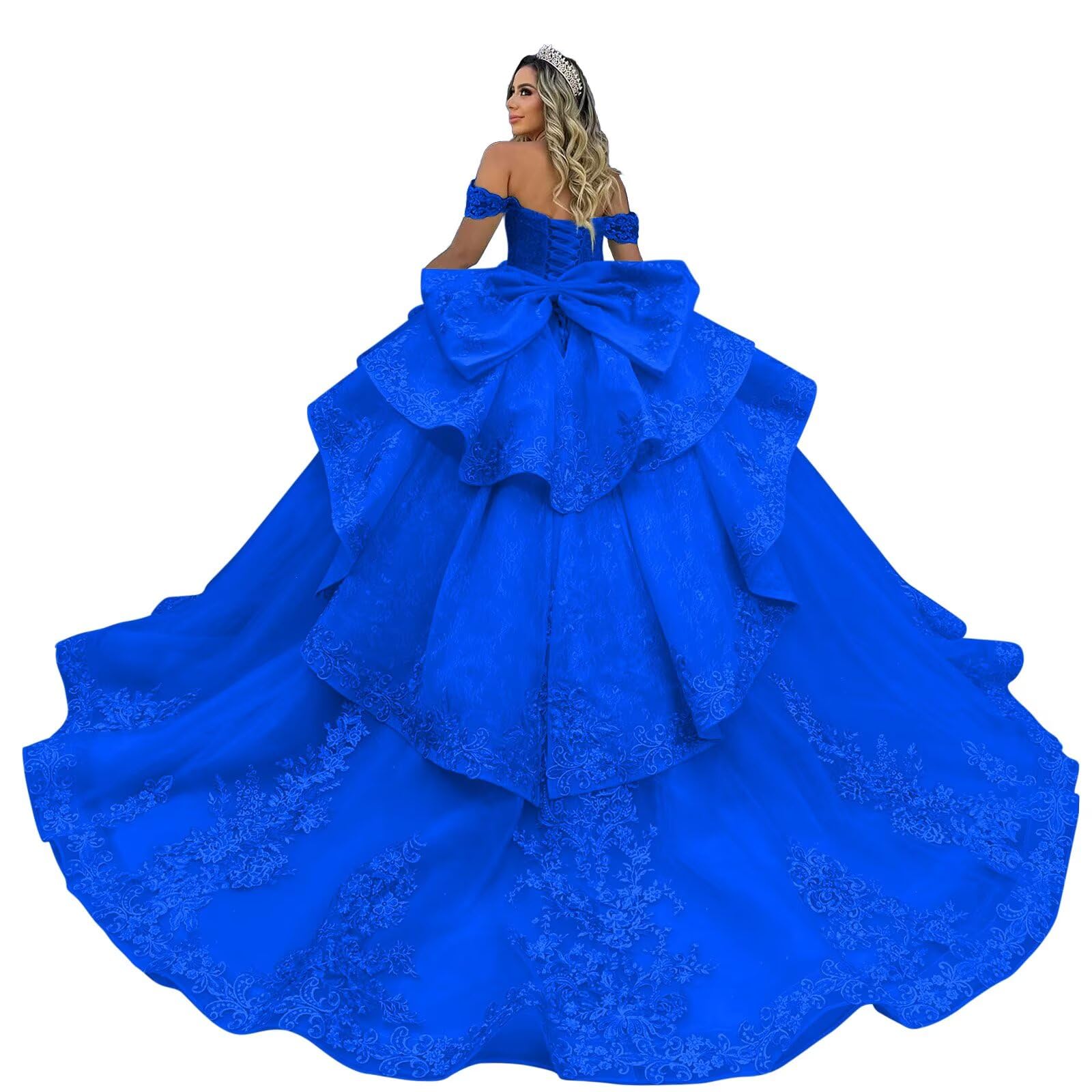 Zhangyo Off Shoulder Quinceanera Dresses Luxury Tiered Tulle Sweet 15 16 Dresses with Bow Sparkly Lace Beaded Ball