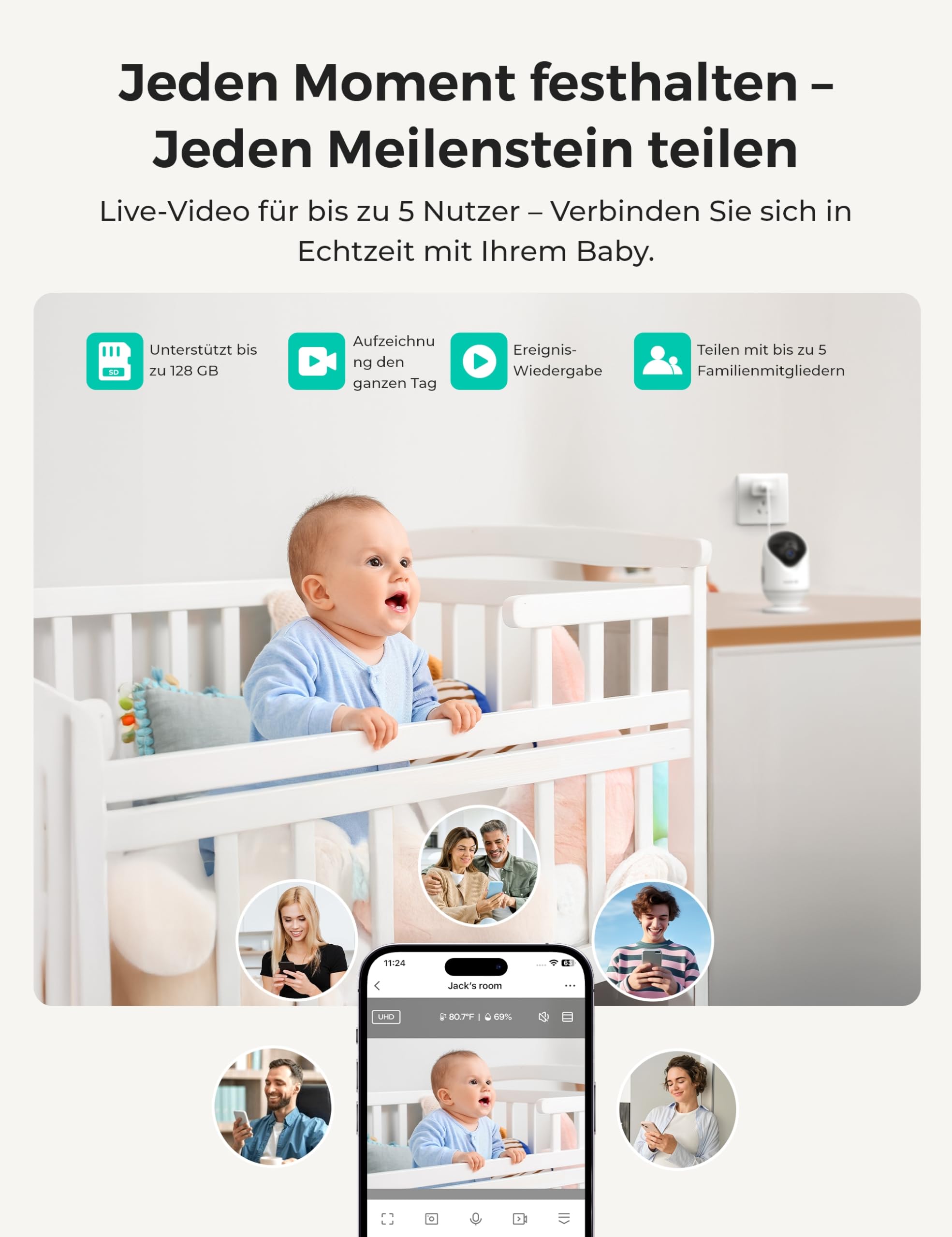 Dr.Care VistaView Lite WLAN Babyphone mit Clip-Halterung – 4" 720P Split-Screen & 1080P Kamera, App-Steuerung, Bewegungsalarm, Nachtsicht, 2-Wege-Audio, Aufnahme