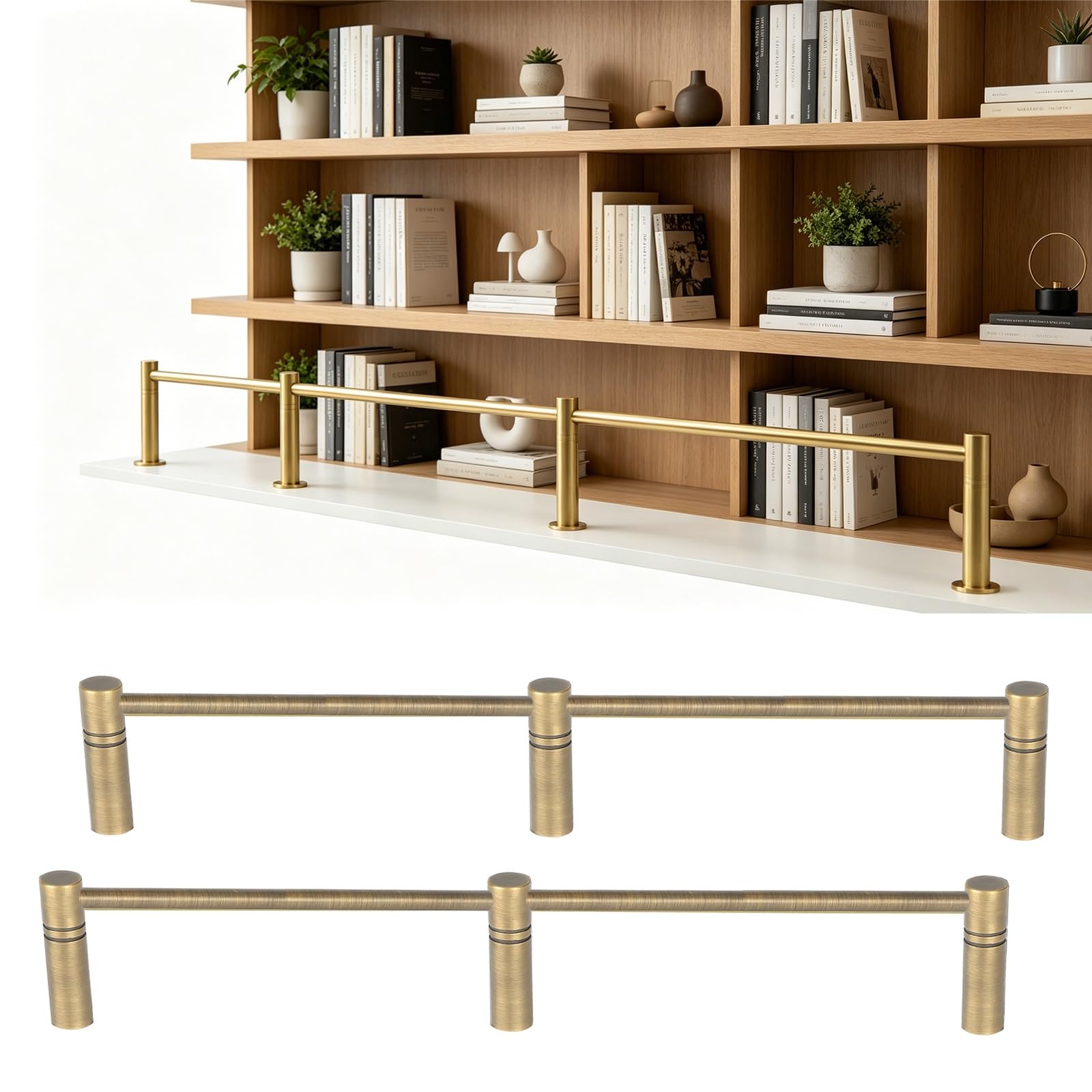 ERRULAN 2 Pack Long Brass Shelf Rails for Shelves Decorative, Anti-fall Gallery Railing Hardware Kit, Tipping Retainer Bars for Kitchen, Shoe Racks/Bookshelf(Bronze,21in/53.3cm)