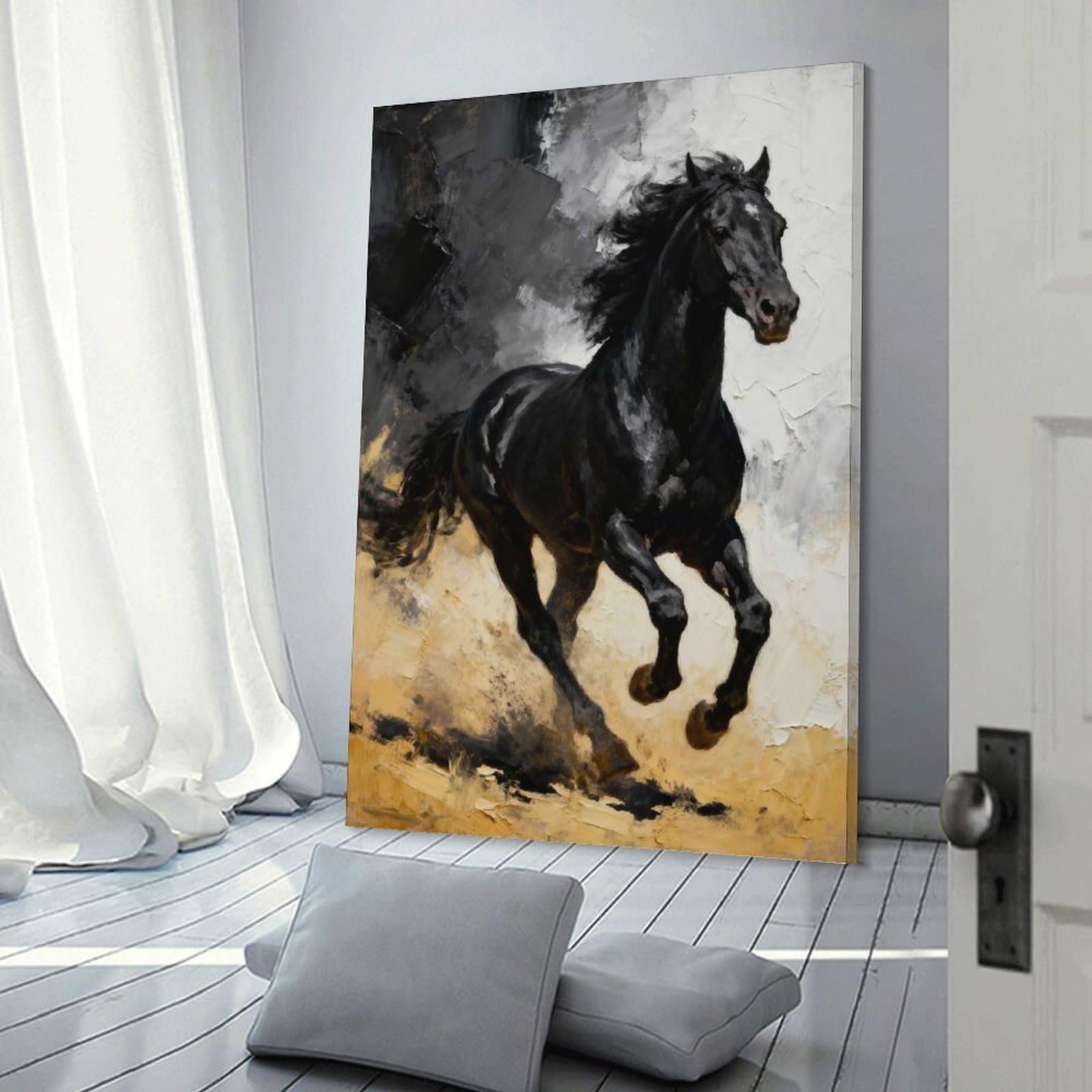 Junmoney Frame-Style-14-1 Canvas Wall Art Black Horse Galloping Painting, 12X18inch(30X45cm), For Bedroom, Guest Room Or Reading Nook, Canvas Wall Decor For Personal Spaces