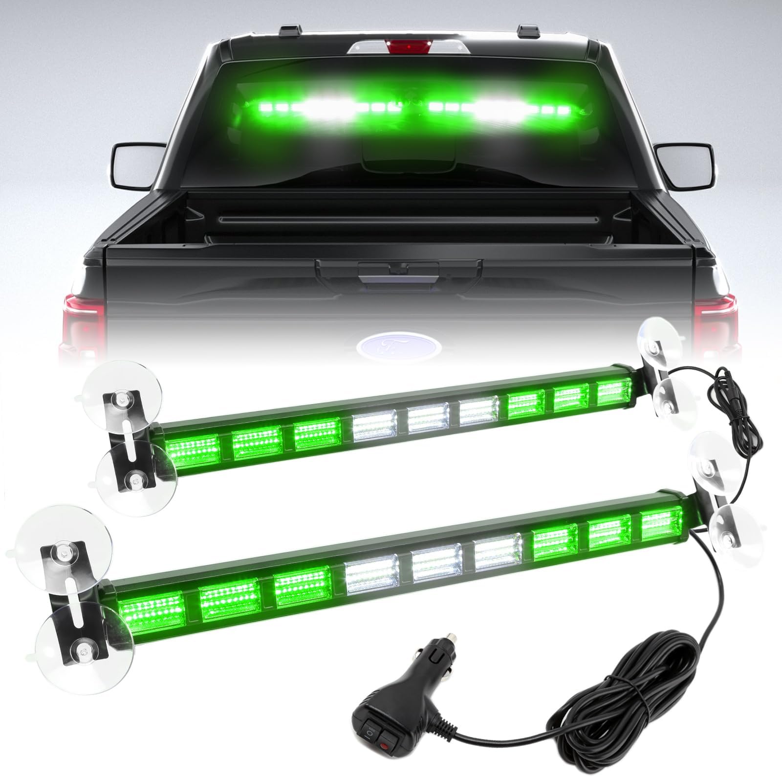 BooYu [Upgraded Switchable 4 Colors Emergency Strobe Traffic Advisor Light Bar 162 LED Windshield 2 in 1 Visor Safety Warning Hazard Flashing Lights for Firefighter Police Truck Vehicle (Green/White)