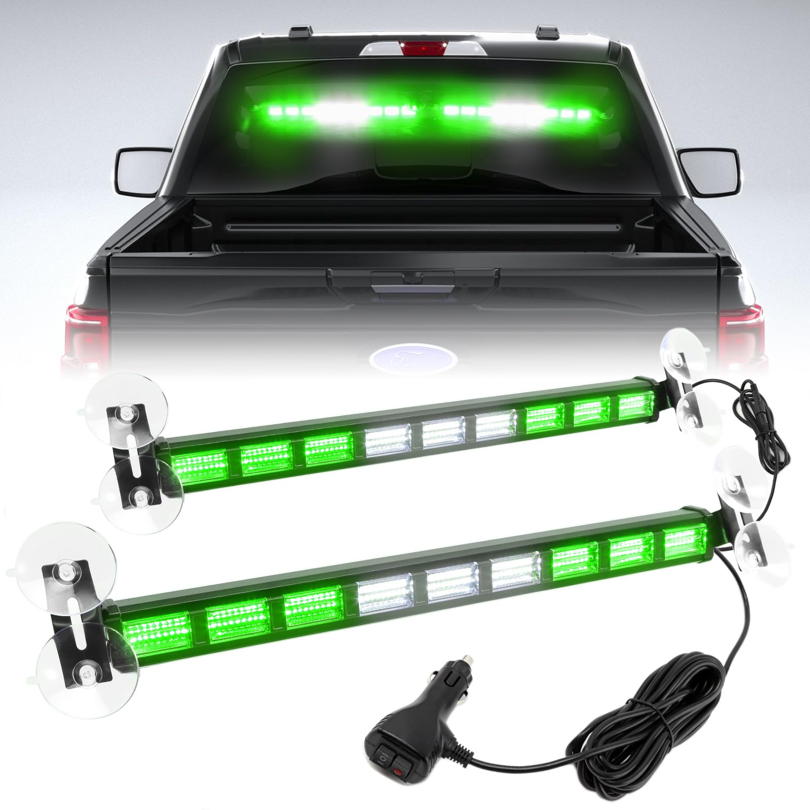 BooYu [Upgraded Switchable 4 Colors Emergency Strobe Traffic Advisor Light Bar 162 LED Windshield 2 in 1 Visor Safety Warning Hazard Flashing Lights for Firefighter Police Truck Vehicle (Green/White)