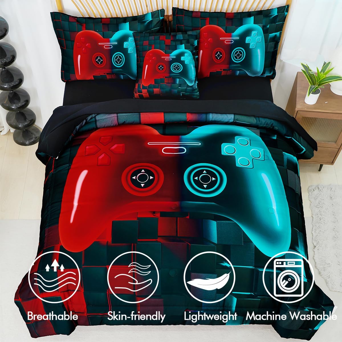 PERFEMET Boys Bedding Set Full 6 Pieces Red and Teal Video Game Kids Bed in A Bag 3D Cool Soft Lightweight Girls Teens Gamer Bed Set with Sheets(Red Teal, Full) - Image 4