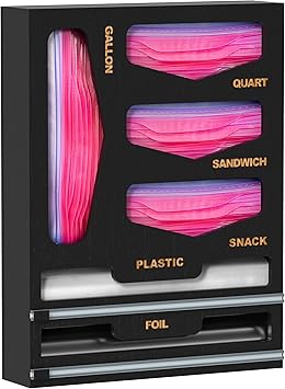 DALSHABET Bamboo Bag Organizer with Magnetic Closure, 6 In 1 Kitchen Drawer Foil and Plastic Wrap Dispenser with Cutter, Storage bag for Gallon, Quart, Sandwich, Snack Black