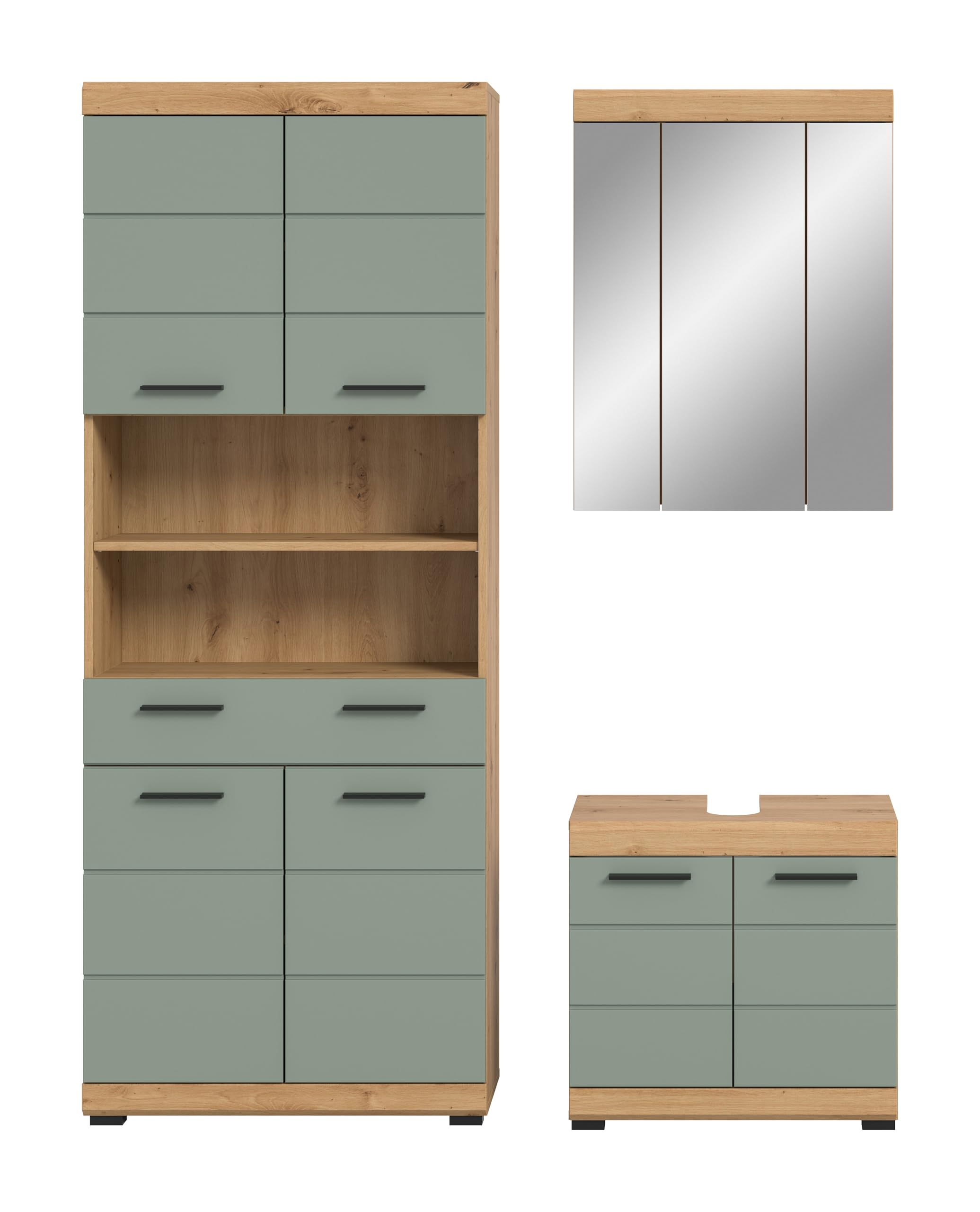 xonox.home – Badkombination Scout 149x191x34 cm in Artisan Eiche und Salbei Nachbildung – Zeitgemäße Badezimmerlösung mit Stauraum – kompakt – Bild 2