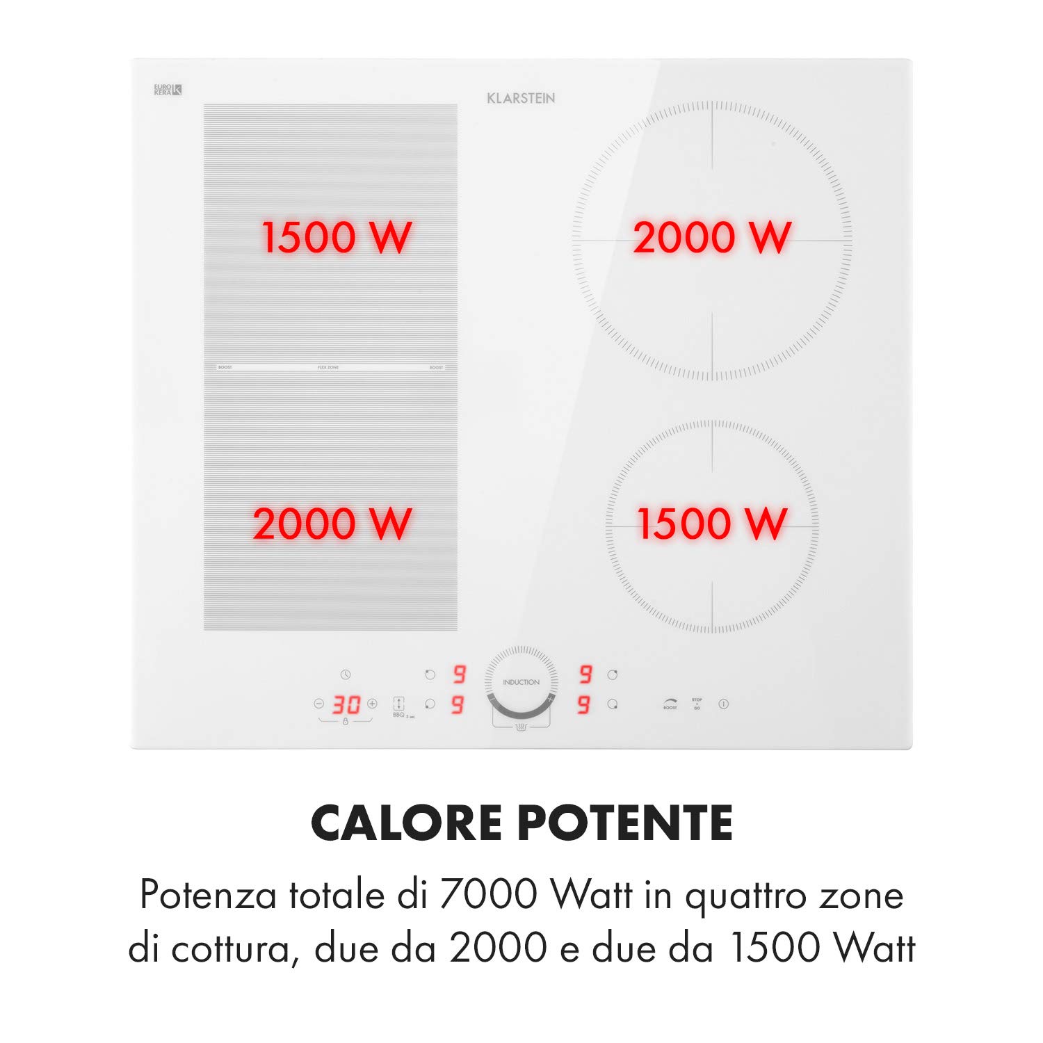 Klarstein Piastra Induzione 4 Fuochi, Piano Cottura 7000W, Integrata con Controllo Touch, Fornello Professionale