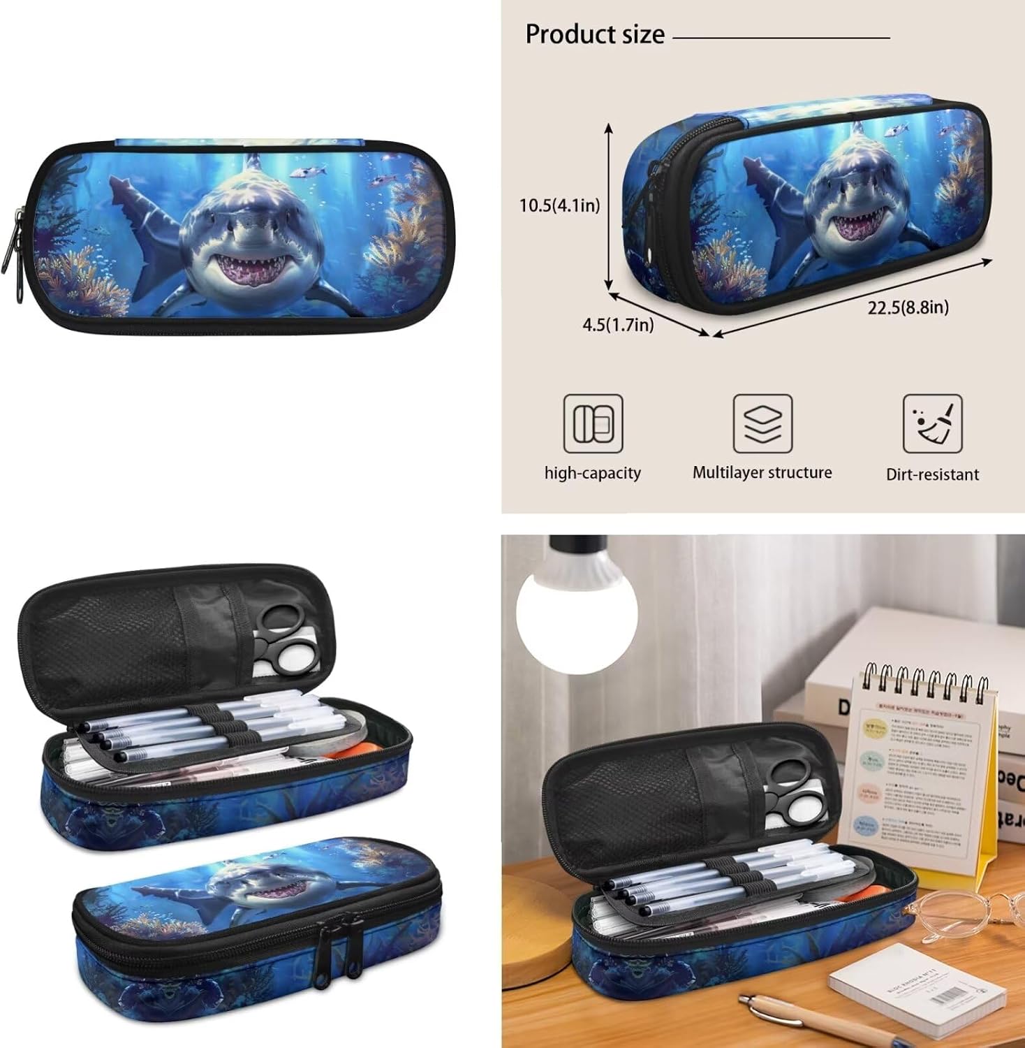 Uourmeti Cool Shark Teens Boys Backpack and Lunchbox Pencil Case Set 3 in 1 Middle School Bookbags and Lunch Box Set Kids Elementary School Book Bags 8-10 Years Girls Kindergarten Schoolbags
