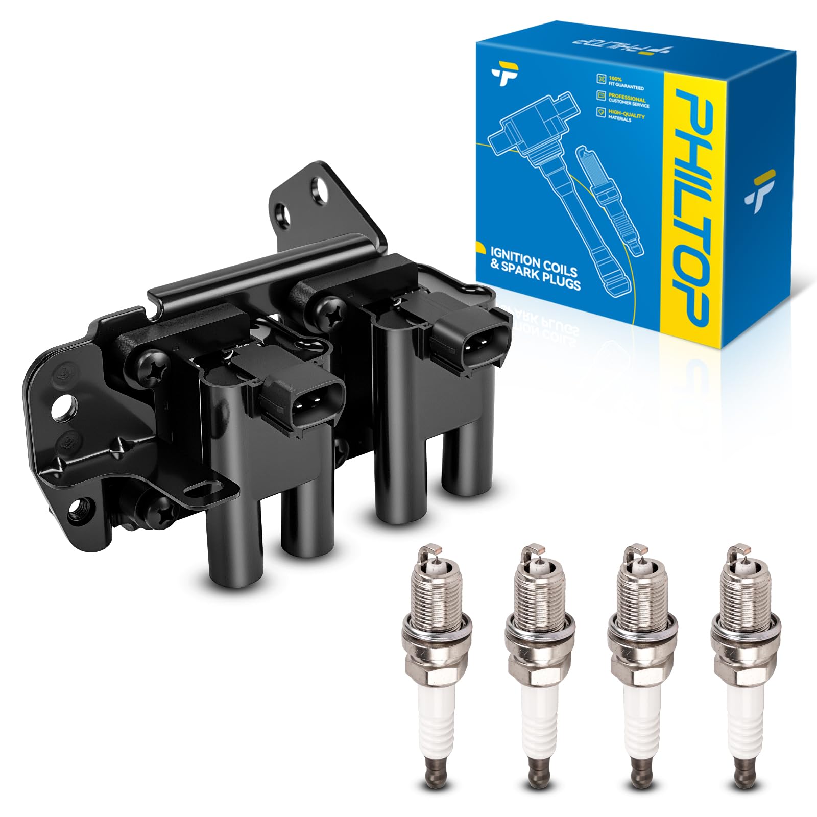 PHILTOP Ignition Coil Pack and Spark Plugs Fits for Hyundai 2001-2005 Accent 1.6L, 1PCS UF424