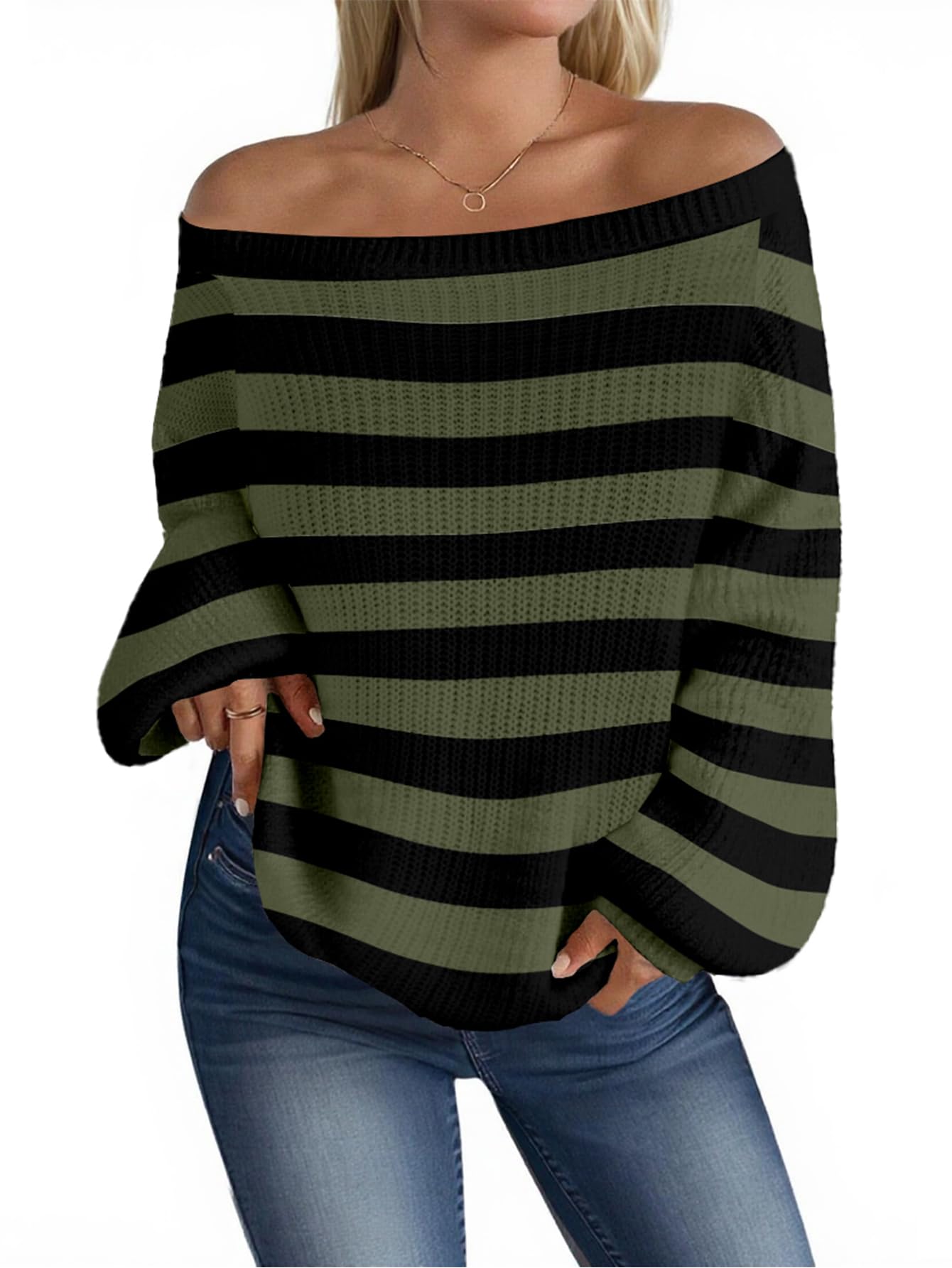 MARZXIN Women's Striped Off the Shoulder Sweaters Cute Oversized Fall Tops