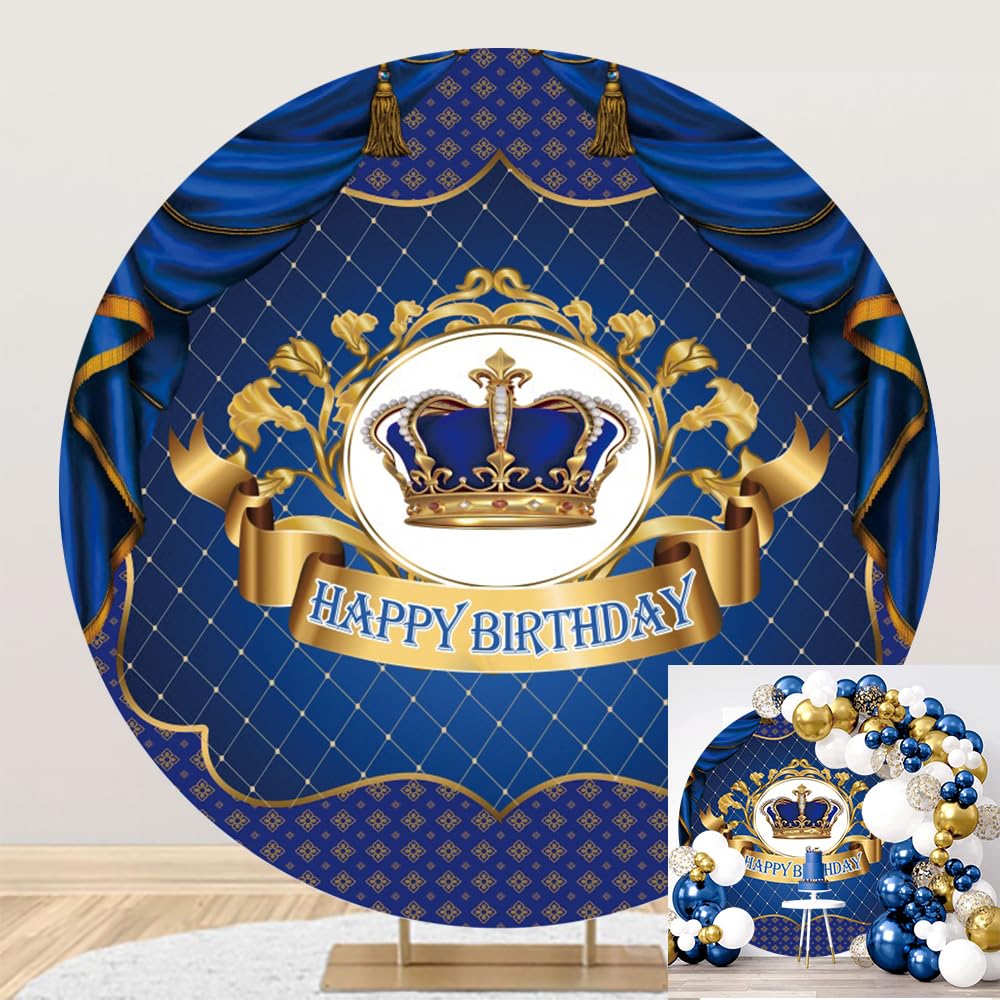 OERJU Royal Blue Prince Birthday Photography Backdrop - King Crown Curtain, Circle, 6x6ft