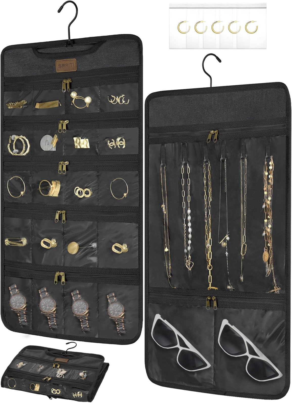 SMRITI Jewelry Travel Organizer, Foldable Hanging Jewelry Organizer with 360 Degree Rotating Hanger and 23 Clear Dust Proof Dual Zippered Pockets for Traveling, Closet, Suitcase (Black)