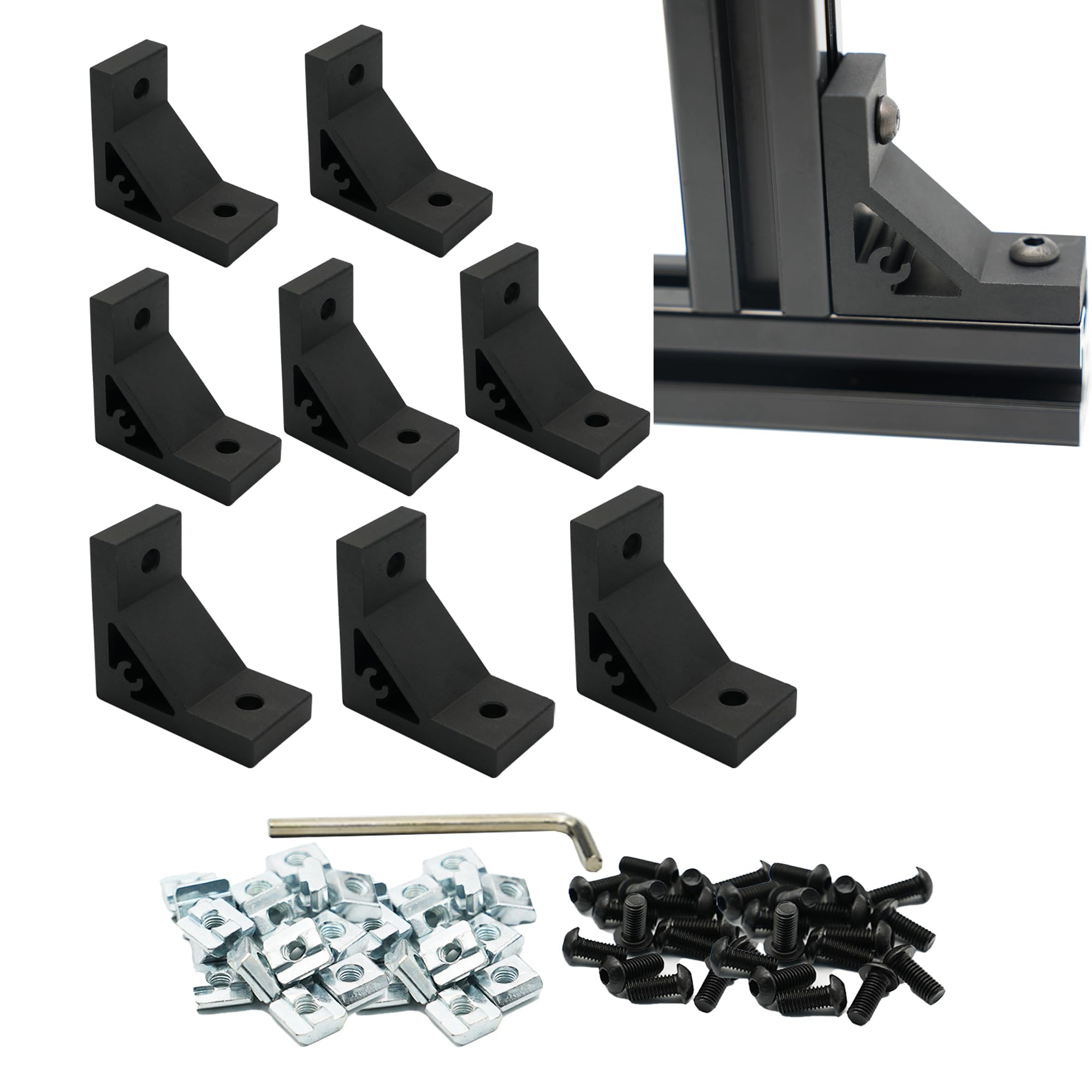 Iverntech Black 8Pcs 50X50x26mm Corner Bracket For 3030 Aluminum Extrusion Profile 2 Hole Inside Brackets Connector With 16Pcs M6 Screws + 16 Pcs T Nuts+1Pcs Wrench