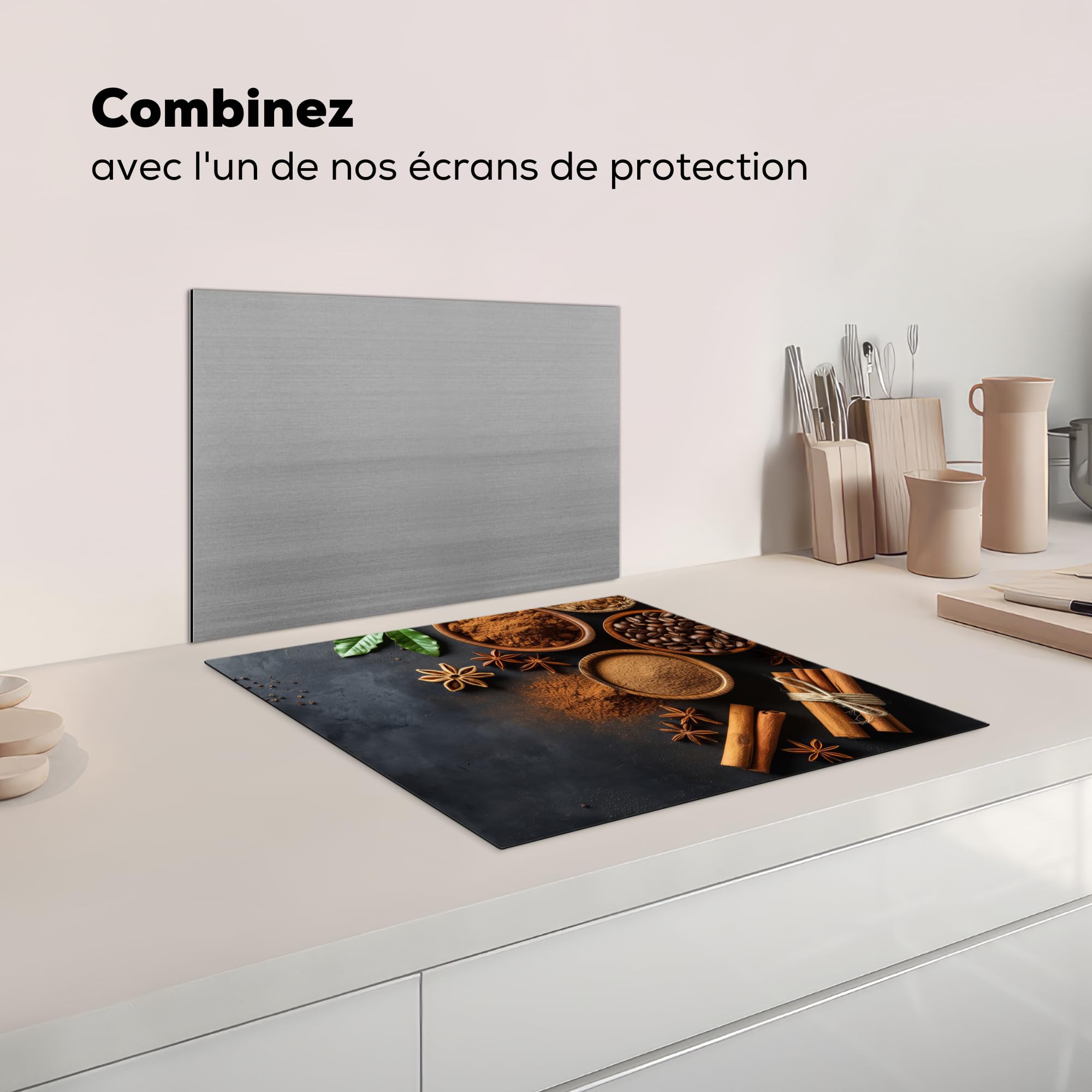 KitchenYeah© Protege Couvre Plaque De Cuisson Deco Cuisine Tapis Protection Protecteur Induction 59x52 cm Cannelle - Béton - Café - Bâtons de cannelle - Épices