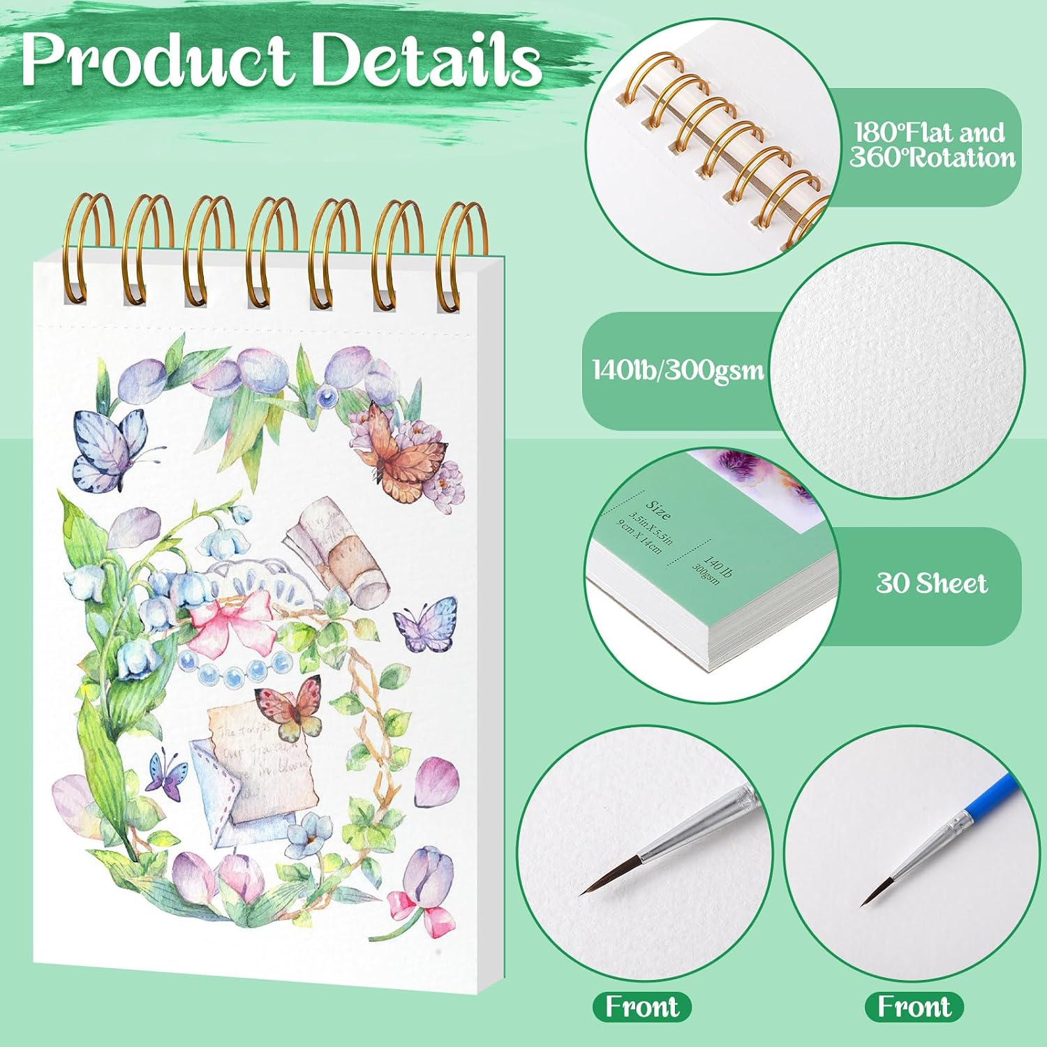 2 Small Watercolor Sketchbook with Watercolor Brushes, 3.5" x 5.5" Watercolor Paper Pad, 60 Sheets 140lb/300g Water Color Paper Spiral - Bound with Tear - Line Travel Sketchbook