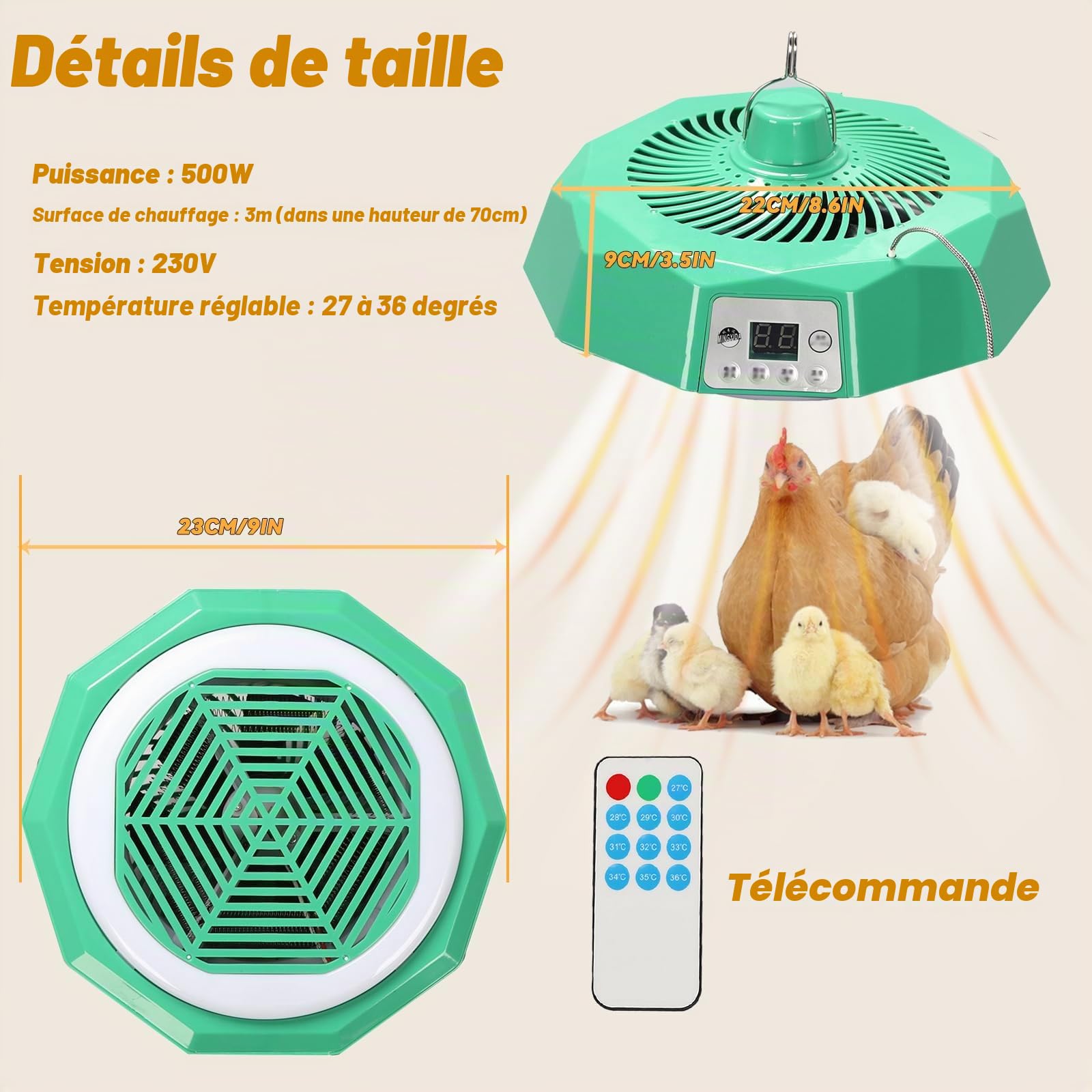 Lampe Chauffante Poussin 500w,Plaque Chauffante Poussin Avec Télécommande,Lampe Poussin Température Réglable 27°C-36°C,Lampe Chauffante Pour Culture Pour Couveuse Poulet Livestock Reptile Whelping