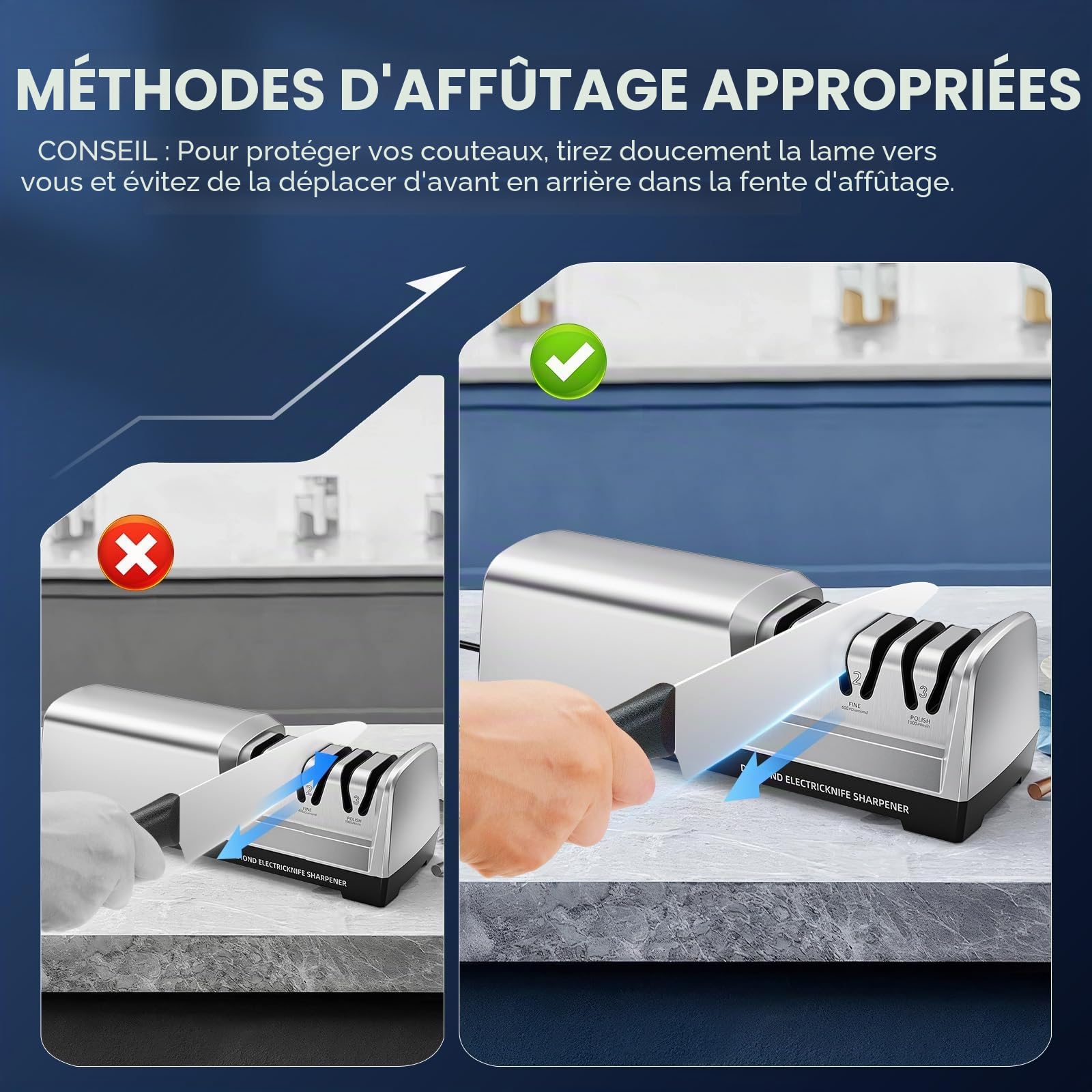 Aiguiseur de couteaux électrique MusyVocay 100% diamant, aiguiseur de couteaux de cuisine professionnel à 3 niveaux et 20 degrés avec guide d'angle de précision pour un affûtage grossier (Argent)