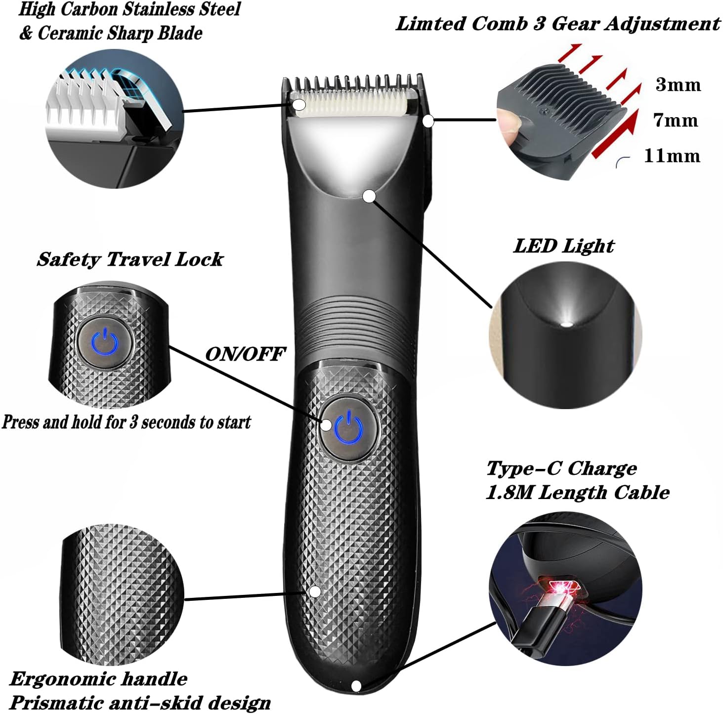 Body Hair Trimmer,Electric Groin Trimmer for Men,Ball Shaver Trimmer with LED Indicator,Male Pubic Hair Trimmer, Waterproof Wet/Dry Trimmer Women Hair Clipper Safety Body Grooming