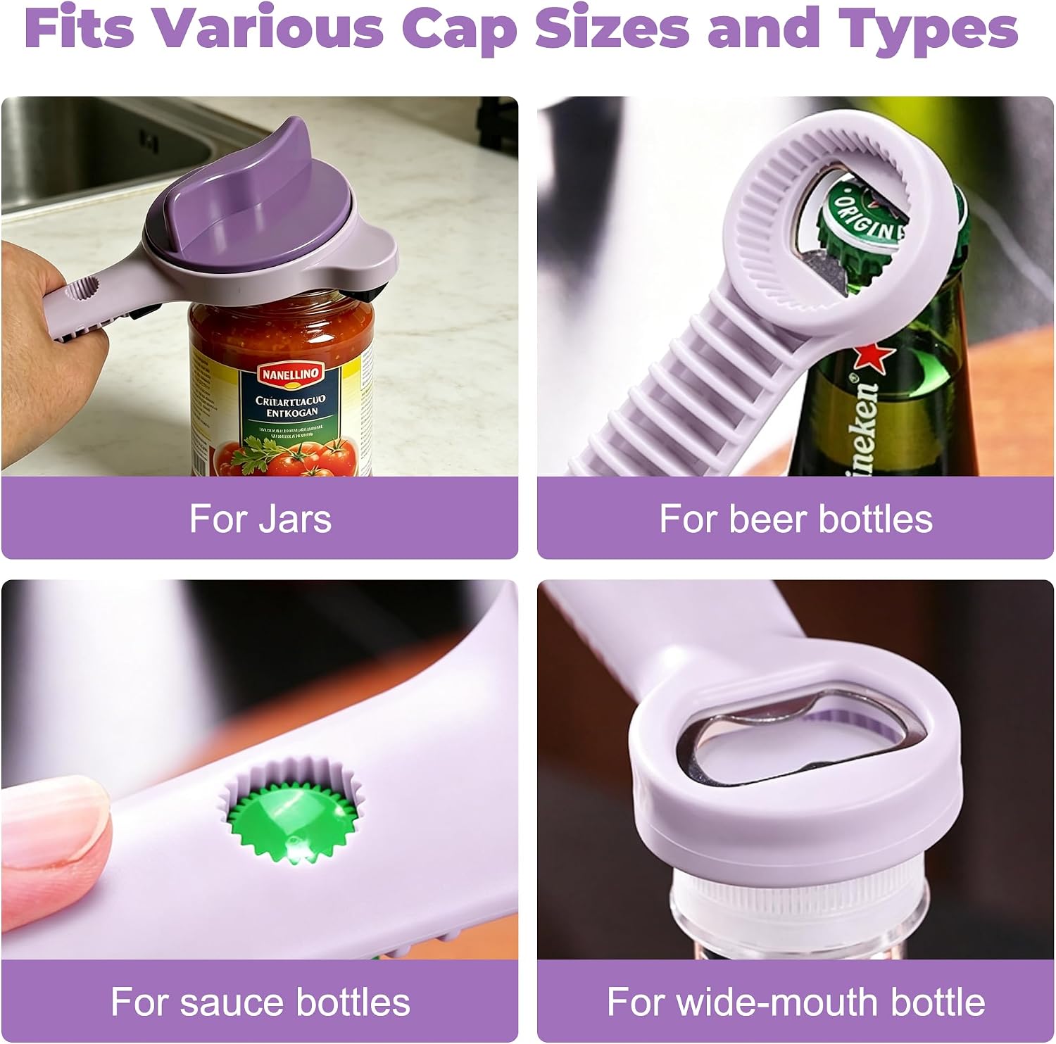 4-in-1 Adjustable Jar Opener, Adjustable Metal Non-Slip Serrated Teeth, Includes Beer Opener, Fits 1–3.5 Inch Diameter Jars, Bottles & Beer Caps, Hangable