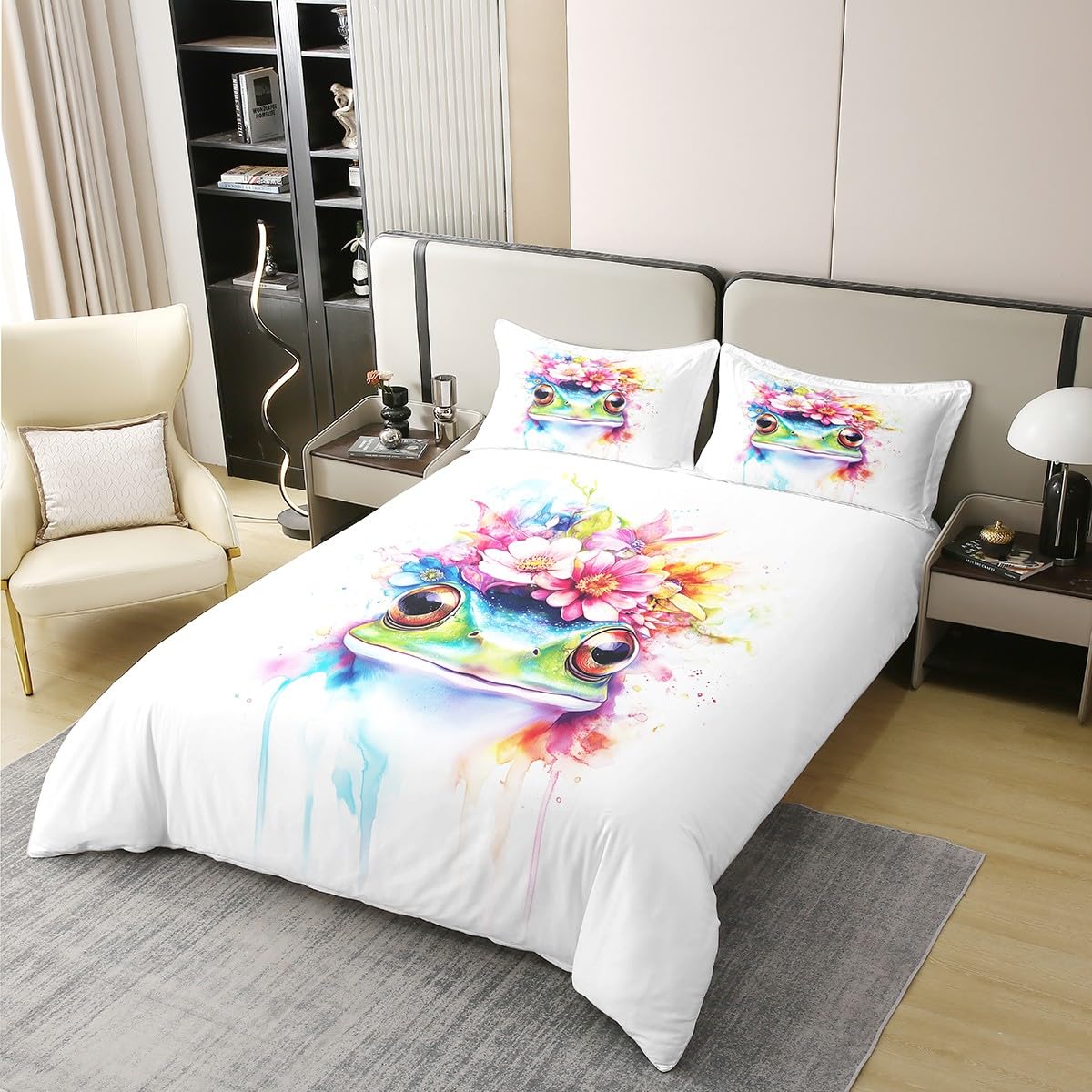 Grog Duvet Cover Queen Size for Kids Boys Teens,3D Wildlife Animals 3 Pieces Duvet Cover,Blooming Flowers Leaves Comforter Cover (Not Comforter),Watercolor Cartoon Animals Quilt Cover