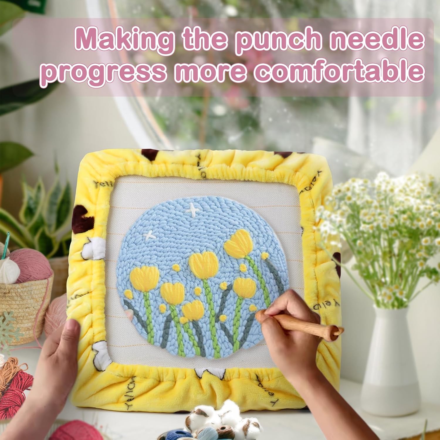 ICZW Gripper Strip Frame Punch Needle Frame Rug Hooking with Frame Cover 15.7" x 15.7" (Yellow)