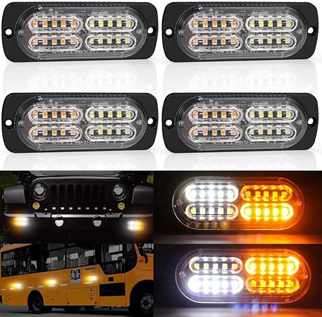Amazon X Style 4d 警告ストロボライト 2色発光 12v 24v 緊急点滅警告 連led 防水 耐衝撃 緊急グリルライト サイドマーカーランプ トラック トレーラー デコトラ カスタム 改造 汎用 アンバー ホワイト 4個セット ウィンカー サイドマーカー 車 バイク