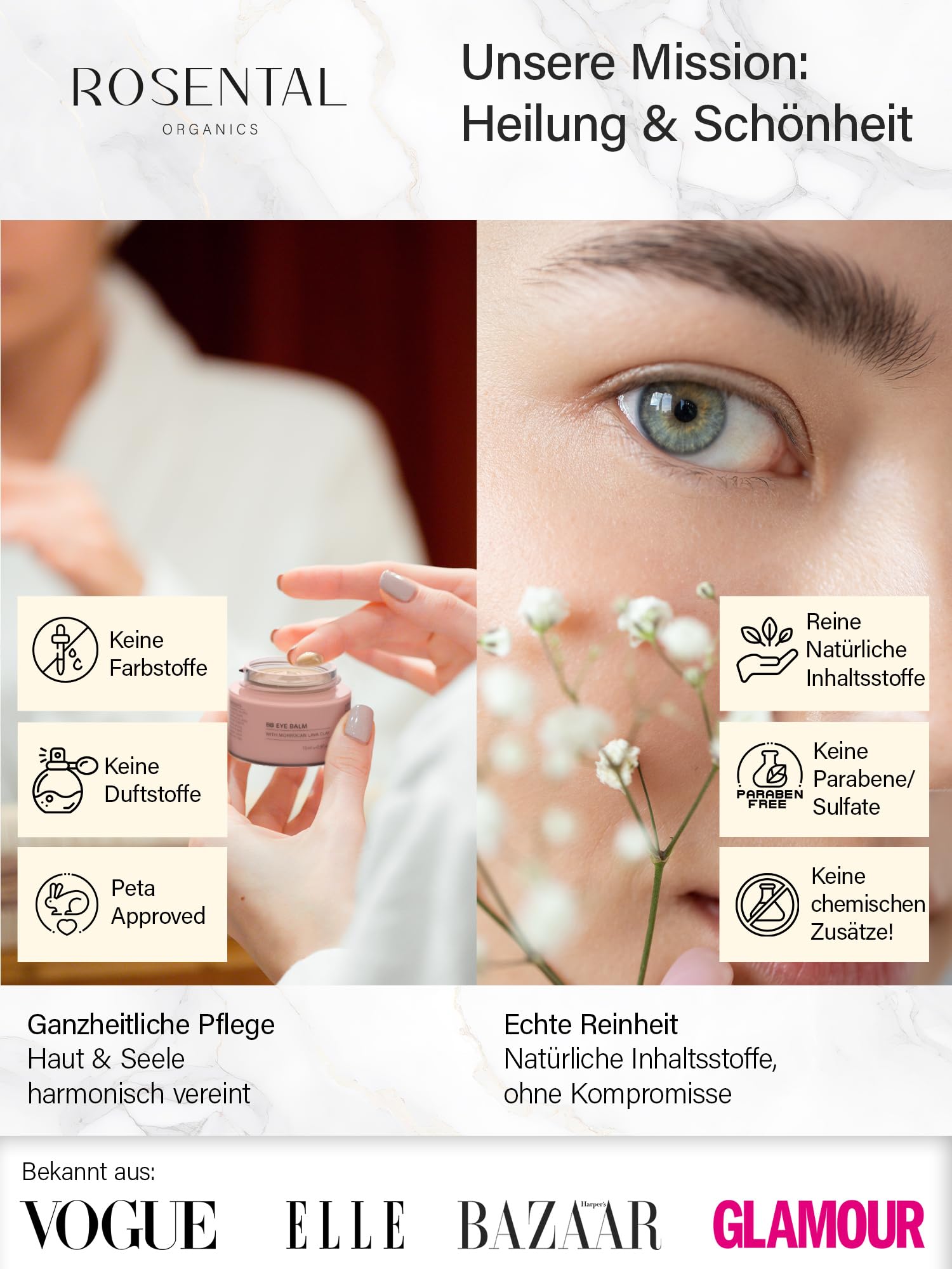 Rosental Organics BB Eye Balm Augencreme - Feuchtigkeitscreme - Pflege gegen Augenringe - Mit Hyaluronsäure, Vitamine E & marokkanischer Lavaerde - Naturkosmetik (15 ml)