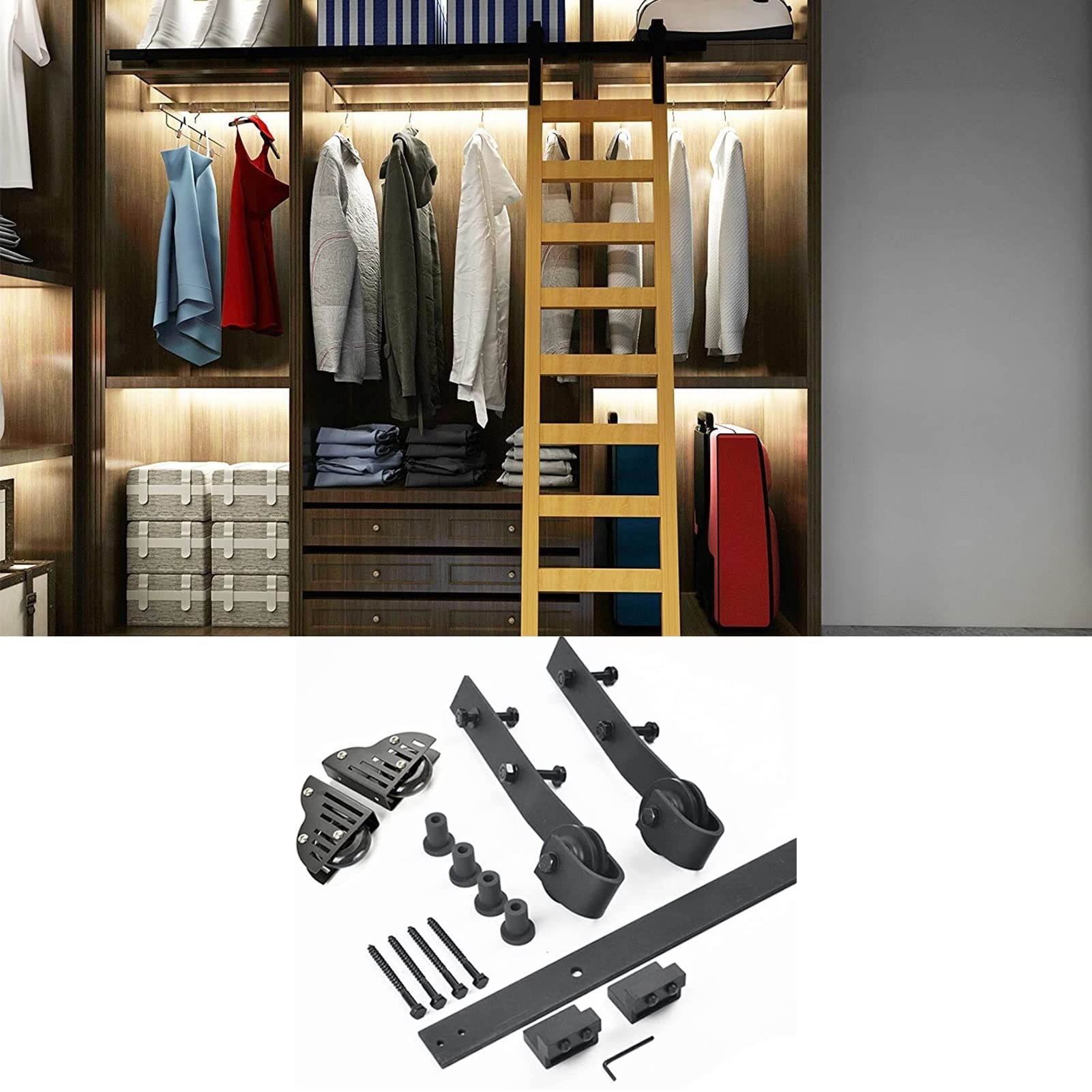 DFGHNBVC 5Ft-13Ft Rolling Library Ladder Hardware Kit With Floor Roller Wheels Warehouse Bar Closet Sliding Ladder Kit