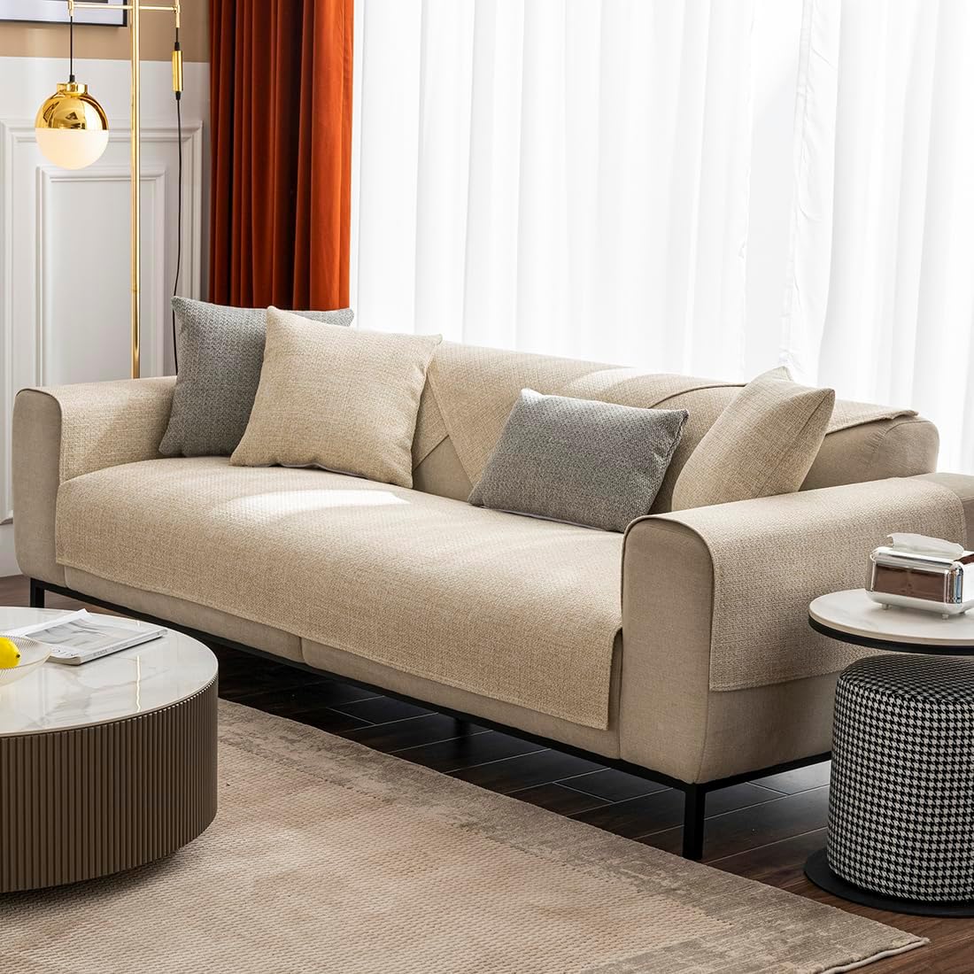 vctops Rustic Linen Textured Couch Sofa Cover Solid Color Non Slip Sectional Couch Covers Soft Sofa Slipcover for Dogs, Children, Pets Furniture Protector (Beige,36"x63")