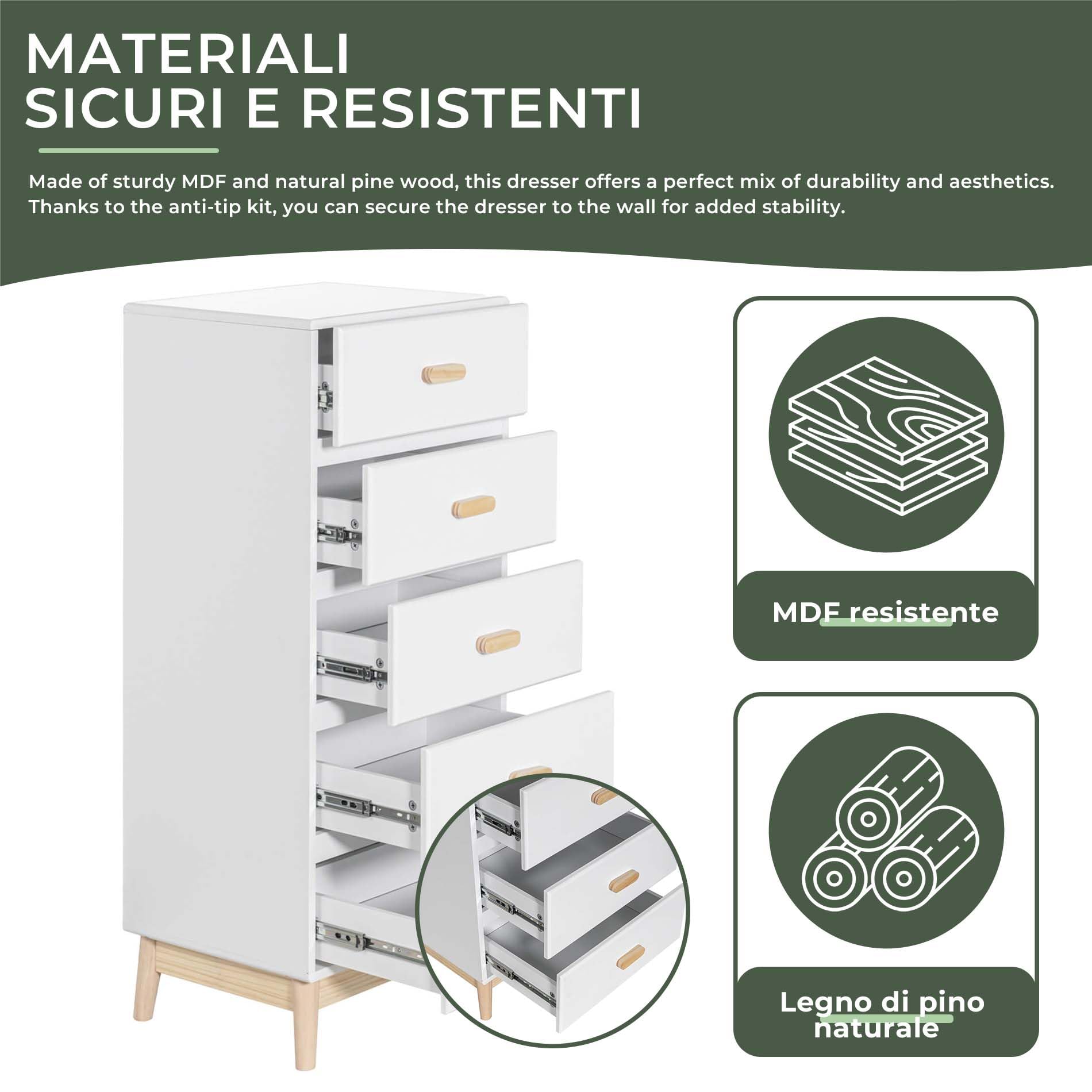 Rebecca Mobili Cassettiera per Cameretta, Cassettiera per Bambini, Bianco Marrone, MDF Pino, con 5 Cassetti, con Sistema Anti Ribaltamento - Misure HxLxP: 115 x 50 x 40 cm - Art. RE6980