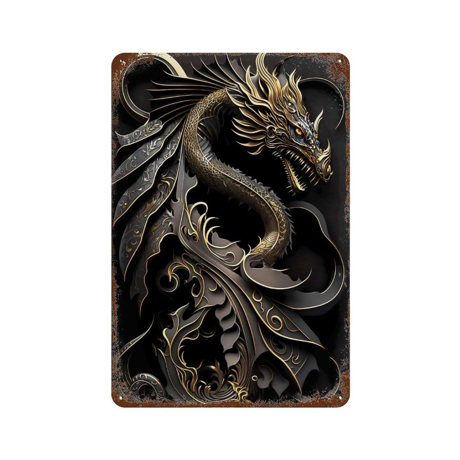 Golden Guardian Dragon Rust Effect Tin Sign 11.8"x7.9", Vintage Wall Decor for Bistro, Counter And Cafe Decor