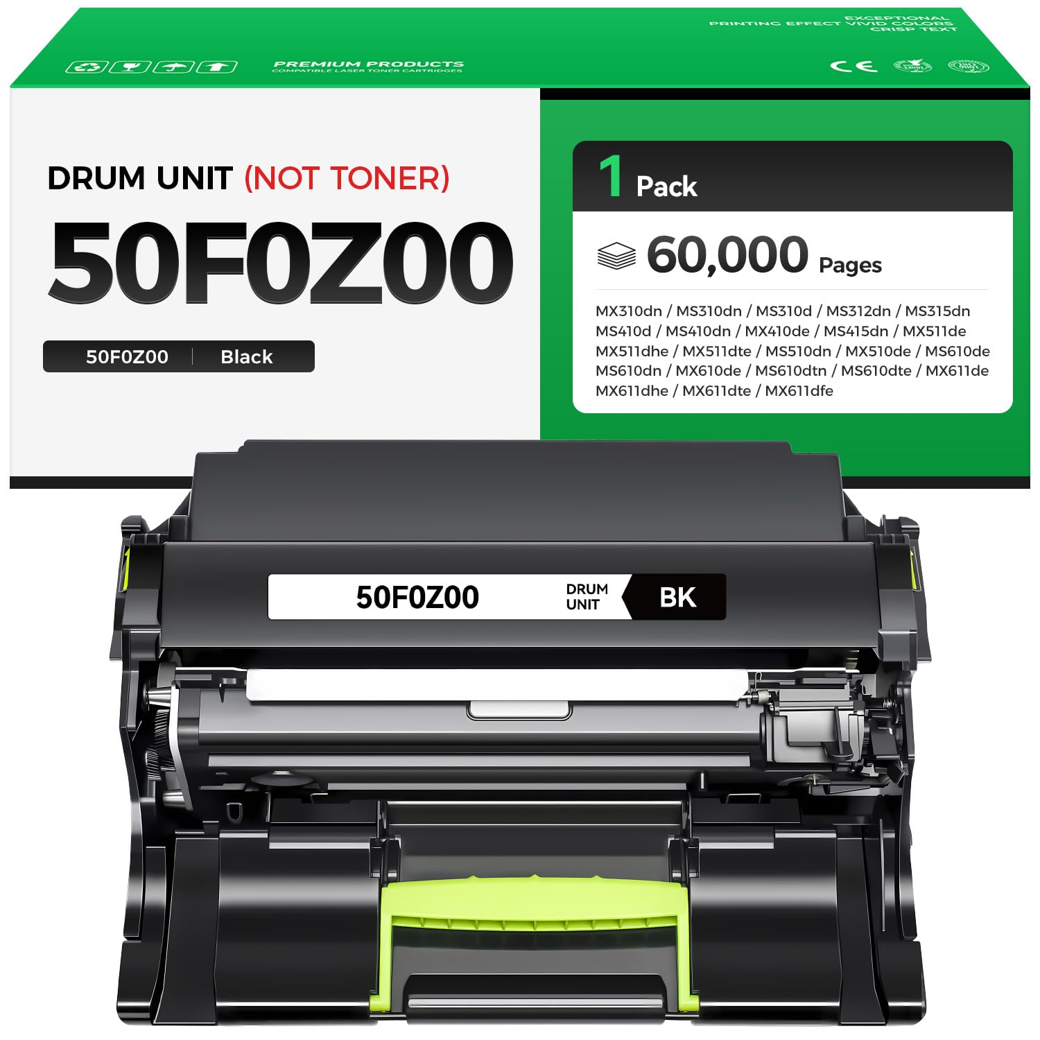 50F0Z00 Drum Unit (Not Toner) High Yield 1-Pack Replacement for Lexmark 50F0Z00 Imaging Unit Compatible for MX310 MS310 MS312 MS315 MS410 MX410 MS415 MX511 MS510 MX510 MS610 MX611 Laser Printer