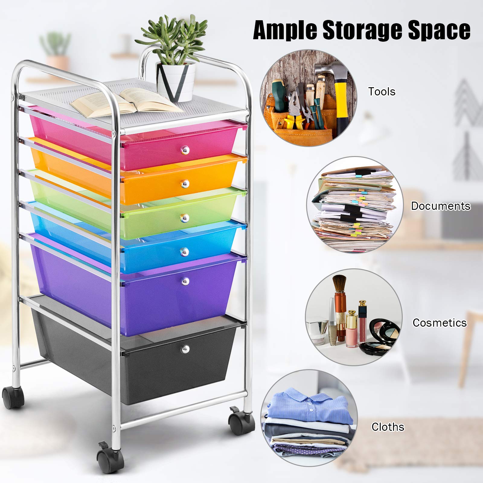 GIANTEX Carrello con 6 Cassetti, Portaoggetti Multistrato, Carrello da Stoccaggio a 6 Ripiani, Contenitore con Ruote, Scaffale Mobile Salvaspazio, 32x37x74 cm, Colorato