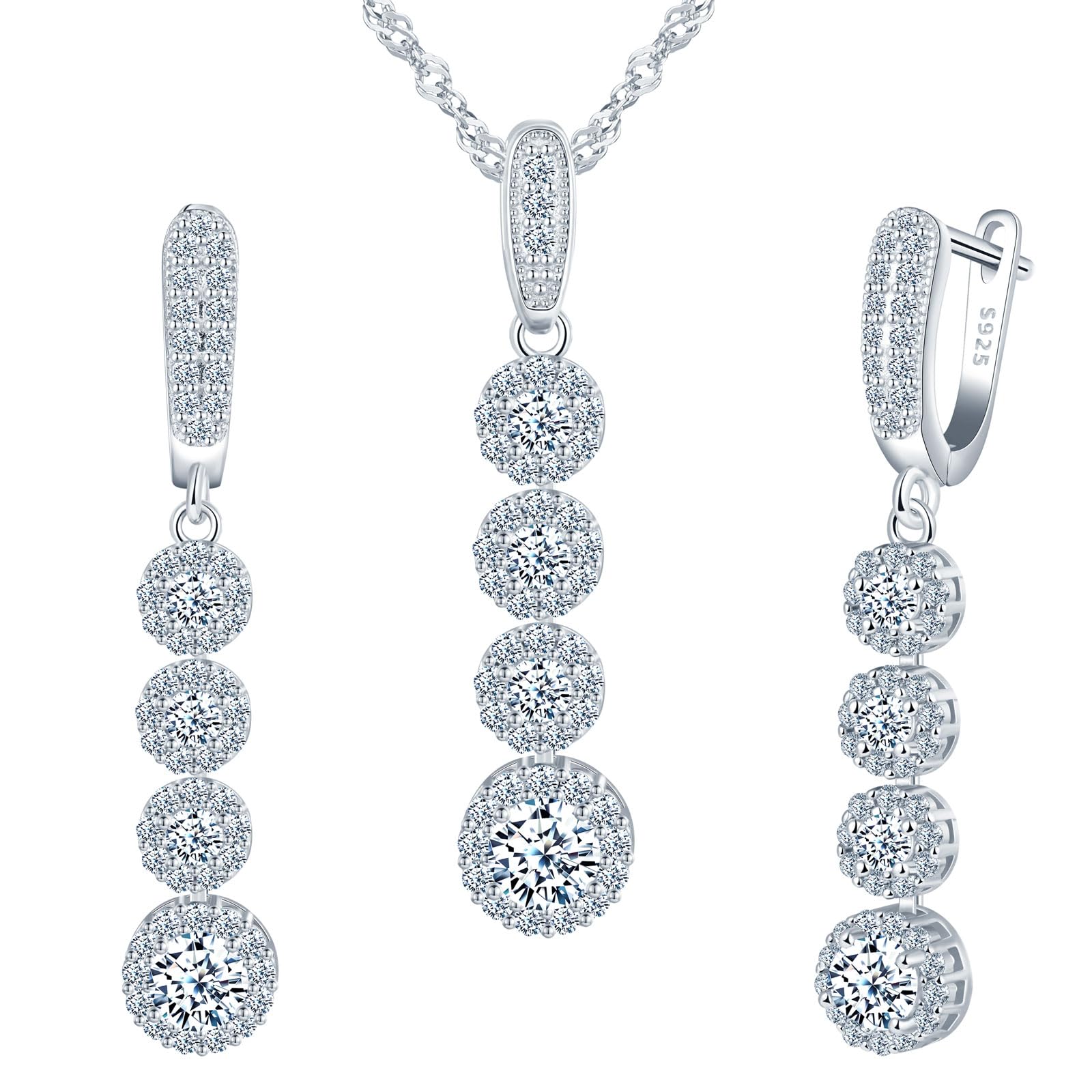 MICMIF Set di Collana e Orecchini Lunghi da Sposa, Parure Gioielli Zircone in Argento 925 per Donna, Orecchini a Goccia con Zirconi Collana con Ciondolo, Gioielli Elegante Catena 45cm