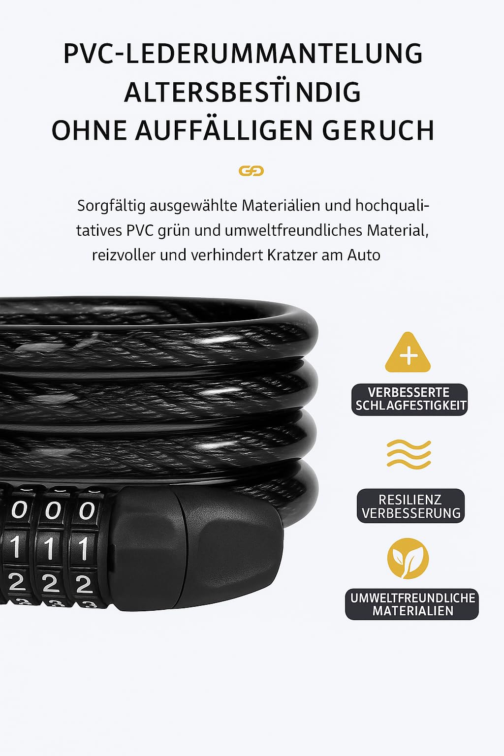 Fahrradschloss 120 cm, 5 stellig, Bike lock Bicycle Fahrrad Schloss, Motorrad, Fahradschloss, Schloß Fahrradschlösser, Kinder, Zahlen, hohe Sicherheit, Roller, Kinderwagen Sport & Freizeit