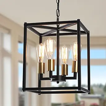 Febeleven Lantern Pendant Light, 4-Light Gold Chandelier,Modernized Ceiling Hanging Light Fixture for Bedroom Kitchen Island Foyer Living Room Dining Room Hallway