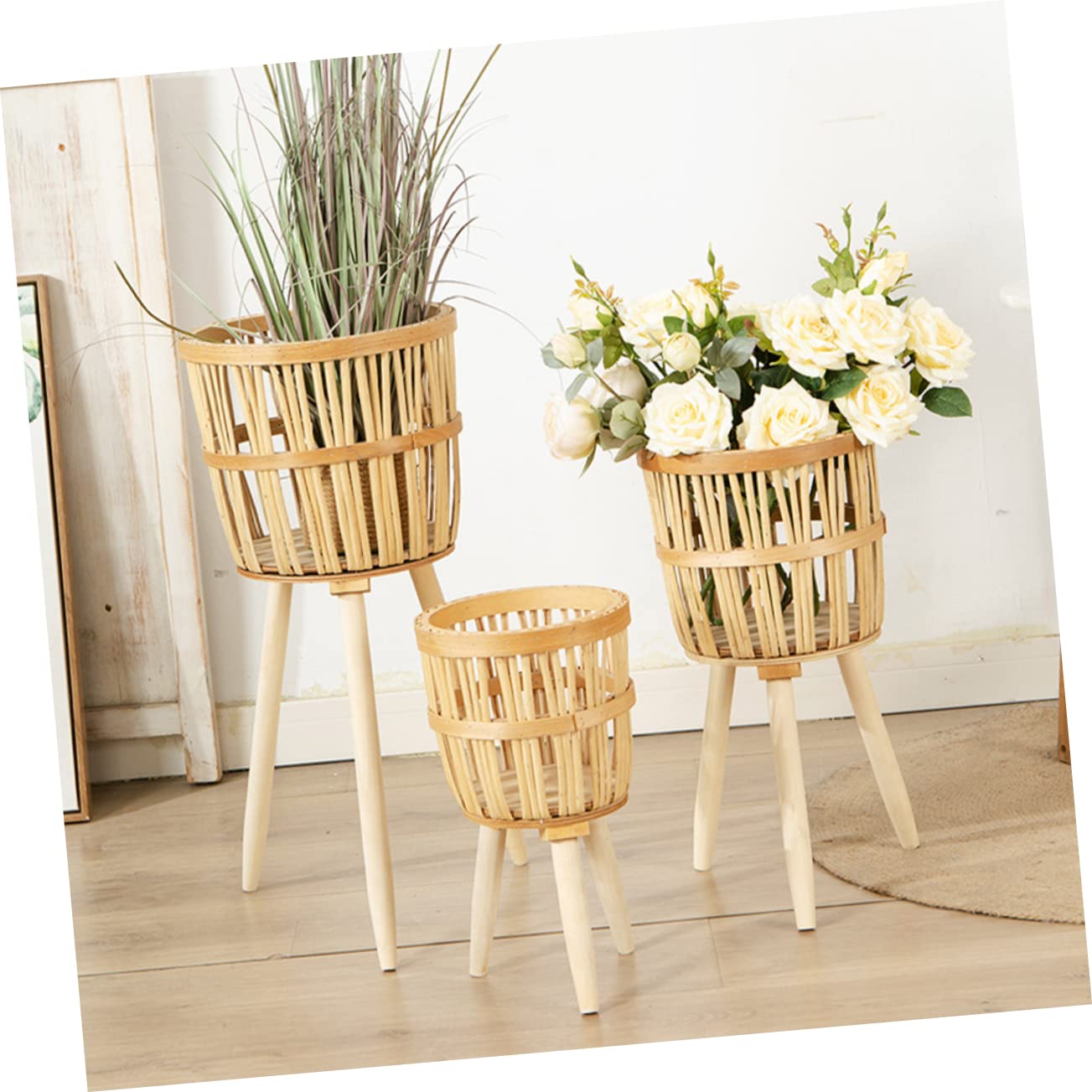 BESTonZON Pot de Fleurs en Bambou Tissé Fait Main, Support de Pot de Fleurs Rustique en Bois, Cache-Pot pour Intérieur et Jardin, Décoration Naturelle Solide